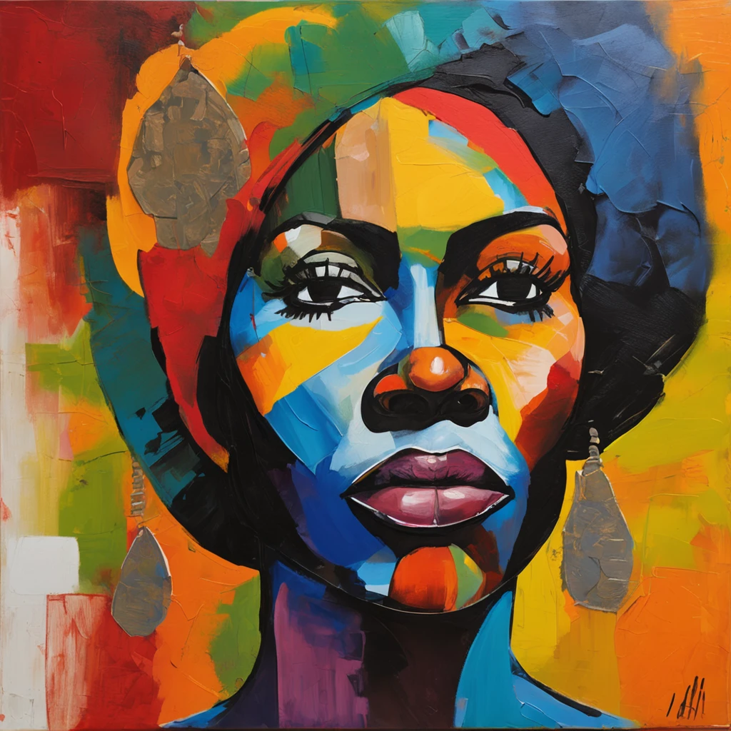 Black Women's Face Painting, AfrO - Brazilian ethnicity, On a colorful background, Abstract face, abstract portrait, Stylized face, Pop Art Painting, Expressive detail face, expressive feminine face, Inspired by Picasso, Pop Art Painting, Beautiful expressive paintings, Detailed face of Afro-Brazilian caste woman, Detailed expression, Picasso style, Cubist style