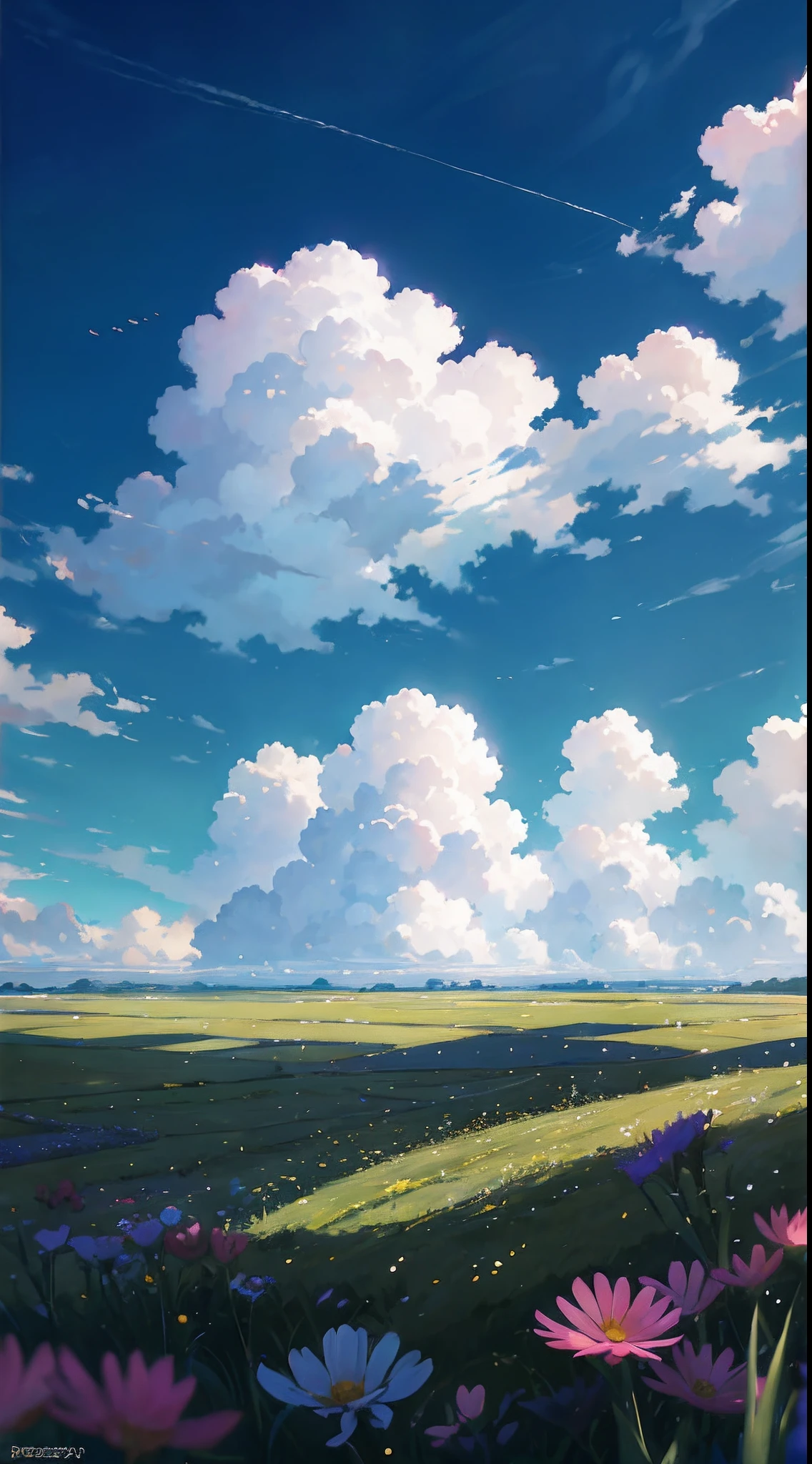 anime scenery of a field with flowers and a plane in the sky, beautifull puffy clouds. anime, anime clouds, anime countryside landscape, anime landscape, ross tran. scenic background, detailed scenery —width 672, rhads and lois van baarle, style of makoto shinkai, studio glibly makoto shinkai