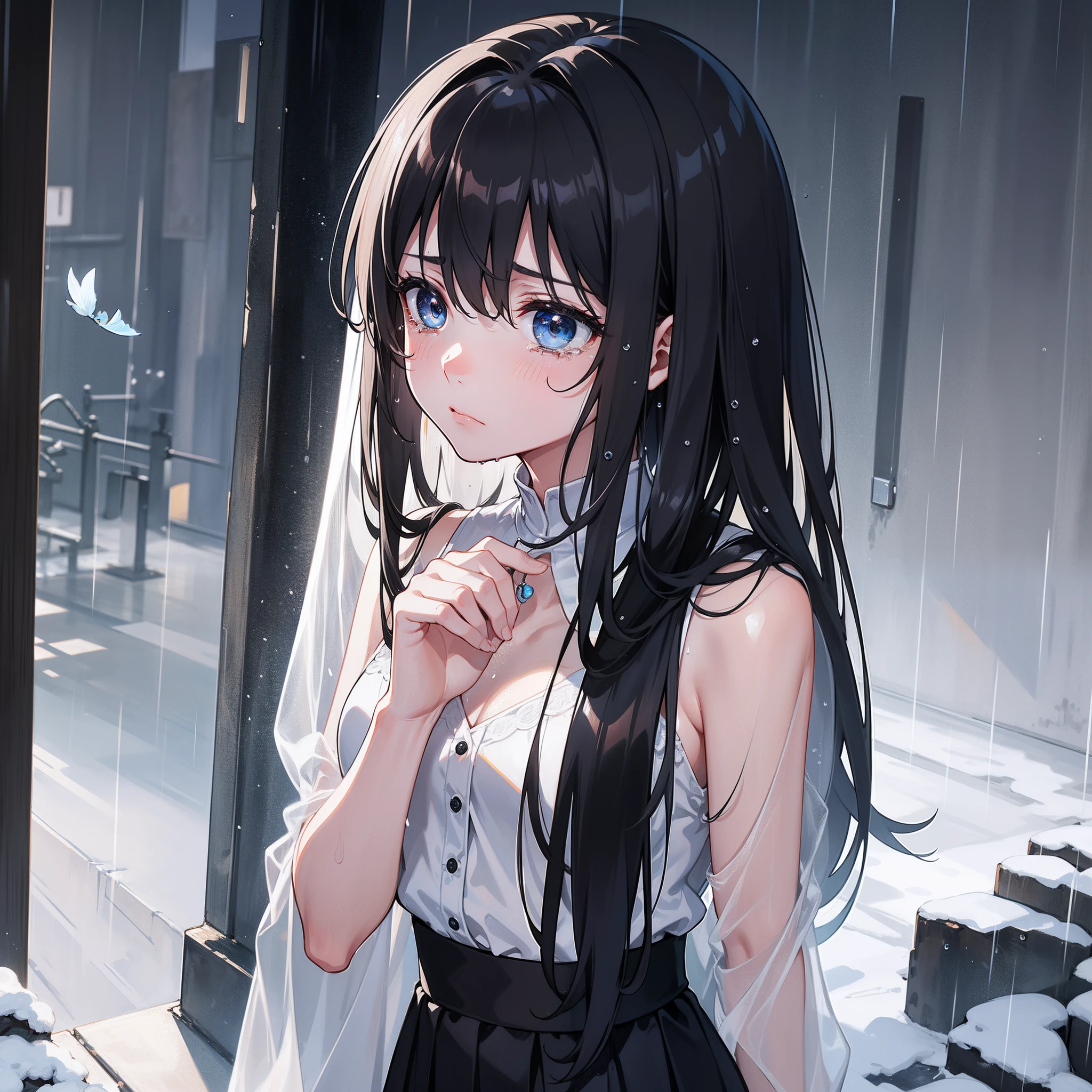 rainy sky，Girl standing alone in the street，Crying quietly，She looked sad and desperate，The hair is a deep brown strand，Wet against her cheek，The eyes are a pair of azure blue gemstones，It seems to contain endless sadness，The girl wore a light white dress，As thin as snow-white feathers, it is as thin as a cicada wing。The skirt was covered with rain，Becomes soaked and transparent，Pressed against her slender body，Outline her slender curves。This silent rain slipped down her body，It was as if blended with her tears。