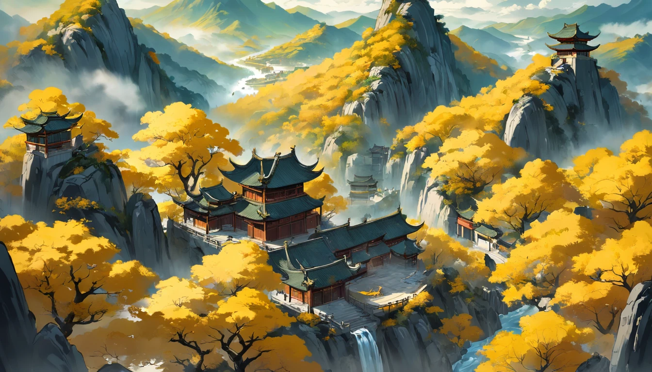 Chinese Landscape Ink Painting High Angle Perspective OC Rendered Sculpture, yellow trees and green hills, morning vibes with sun in the sky, 4K