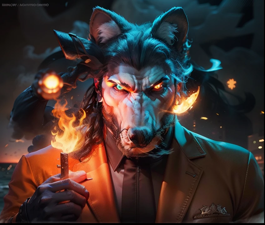 Image in 3 dimensions, lobo robusto, imponente, rico em detalhes, com fundo de mar de fogo