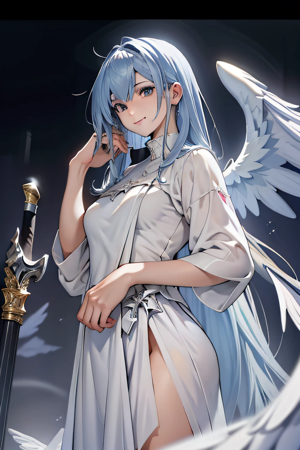As a masterpiece of angels; Background: The angel's weapon in hand; Costume of an angel; Cute look; Ultra photo realsisim; 8k HDR quality; An angel's smile on his face; the angel's wings