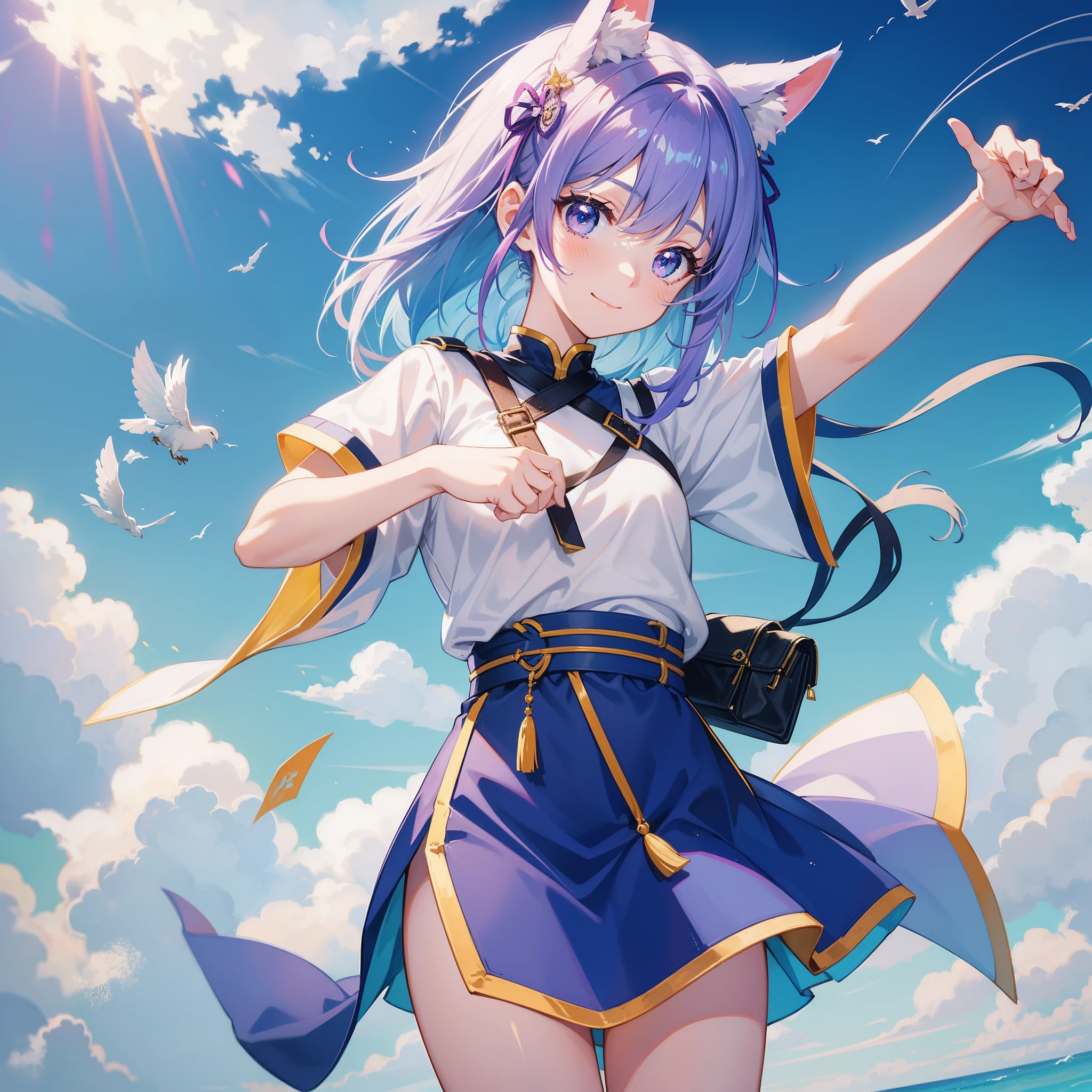 This anime girl is named Linna,She has bright purple hair,Several strands of hair are tied up in thin ribbons,Show her lively personality。She has big, bright blue eyes,The eyes reveal intelligence and curiosity。
Lina wears a unique outfit,She wears a loose light blue cropped sweatshirt,Printed with a cute little white fox,The fox's tail complements Linna's short colorful skirt。She was stepping on a pair of white sneakers,The sides of the shoes are decorated with many small star motifs,It gives a sense of lightness。
Linna's current movement is that she is pulling out a model of a flying machine from her bag,Her eyes were full of excitement and adventurous anticipation。She straightened her arms,Palm up,It was as if offering a flying machine to a bird in the air,Hopefully, they will fly over。
Linna's personality is very lively and curious,Be good at discovering the wonderful things around you。She is a girl with creativity and brave spirit,Always eager to explore new adventures,And face all the challenges in life with a positive attitude。Her smile is always full of sunshine and joy,Her kind and optimistic personality makes her a reliable supporter of her friends。