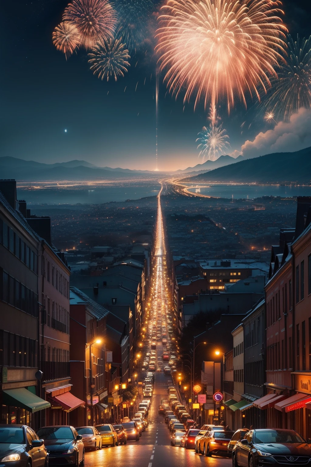 city night scene，Overlooking the perspective，grand，warm color，The roads are intricate，Vehicle traffic，Brilliantly lit，Fireworks，Full moon