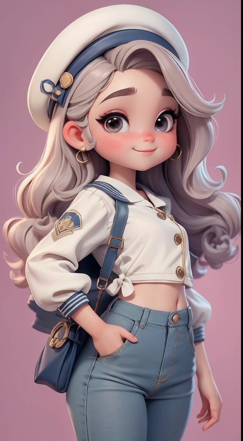 Create a series of cute cute  chibi style dolls with a cute sailor theme, each with lots of detail and in an 8K resolution. All dolls should follow the same solid background pattern and be complete in the image, mostrando o (corpo inteiro, incluindo as pernas: 1.5)

Boneca Mini marinheiro: Chame-a de Marina. Ela deve ter cabelo pequeno em tom preto marrom. Seus olhos devem ser grandes e expressivos, with long eyelashes and rosy cheeks. Sorriso delicado e branco. Marina deve estar vestida com uma camisa, Camiseta, trousers and an ornate sailor's hat. She must hold navigation accessories. Certifique-se de adicionar detalhes nas roupas, such as buttons and pockets, sapato bonito

Certifique-se de adicionar sombras, texturas e detalhes nos cabelos, roupas, Safari utensils, to make them even more adorable and charming.