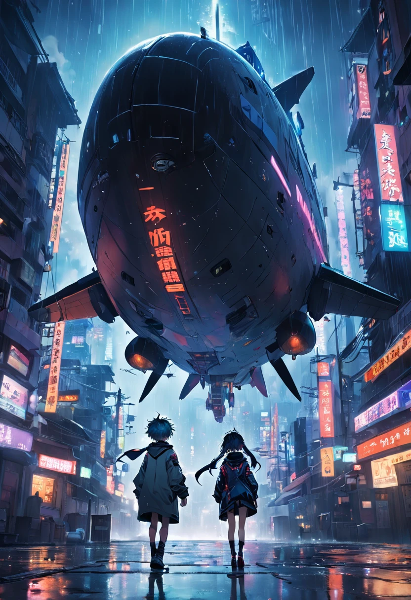 "​masterpiece, Better Quality, Still image shooting, Cyberpunk City [cyberpunked], Two huge ships flying over the city [blimp], It's night and it's raining [rainy evening]".
Standing on the streets of a bustling city、Backlight background to highlight subject、High contrast colors、4K high-definition quality、年轻、a smile、daili、Boy transformed into anime style with exaggerated unique facial features and clothes