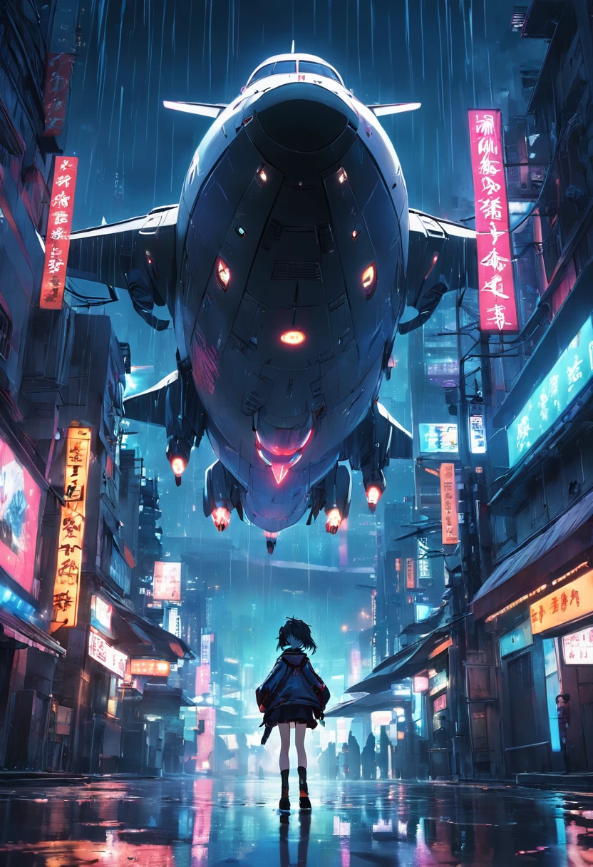 "​masterpiece, Better Quality, Still image shooting, Cyberpunk City [cyberpunked], Two huge ships flying over the city [blimp], It's night and it's raining [rainy evening]".
Standing on the streets of a bustling city、Backlight background to highlight subject、High contrast colors、4K high-definition quality、年轻、a smile、daili、Boy transformed into anime style with exaggerated unique facial features and clothes