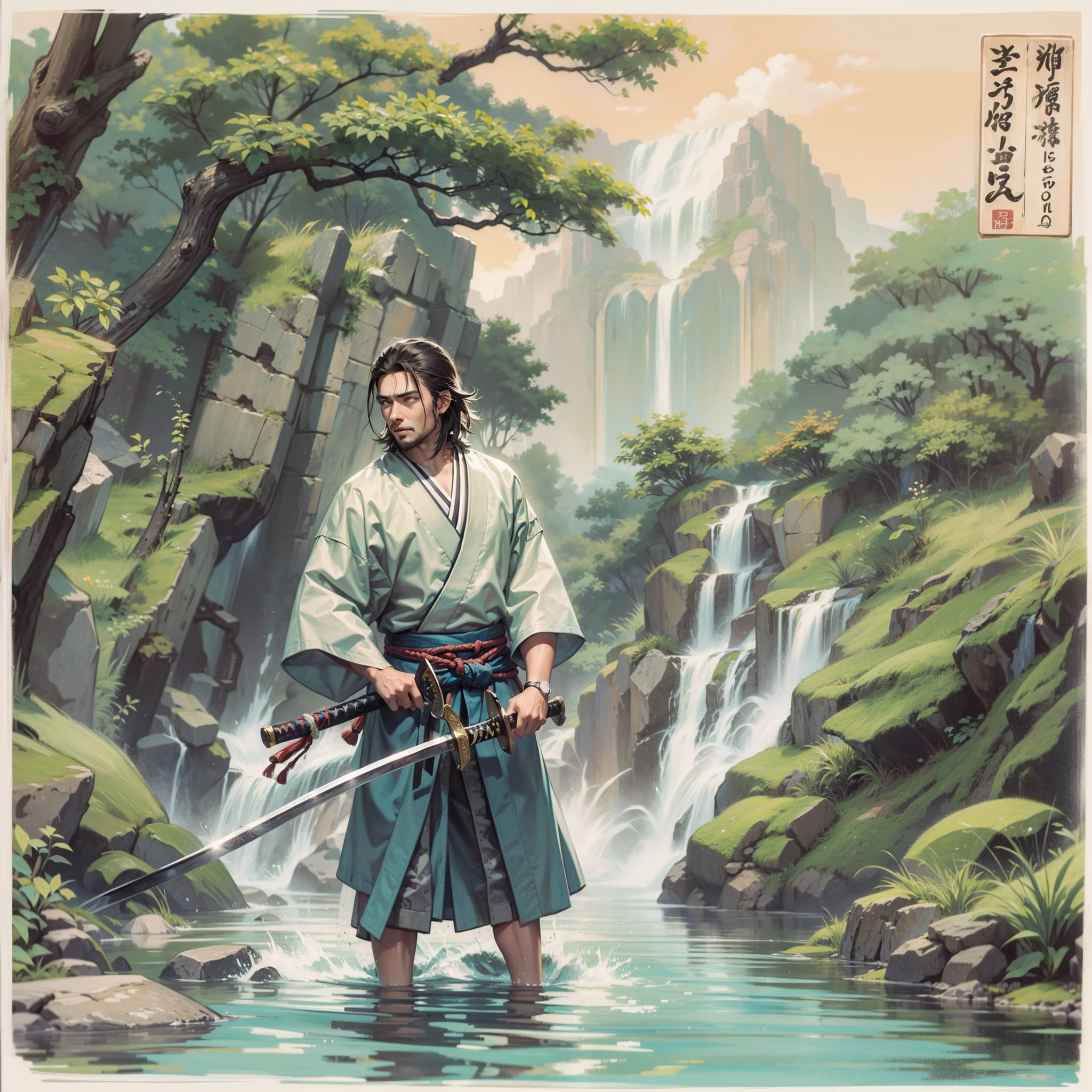 Primer plano de un samurai cortando el agua con su katana,pelo largo y negro con una cicatriz en la frente de un corte,hombre adulto guapo,barba corta,exprecion de pas y tranquilidade fluyendo como el agua,maestro con la espada,samurai con kimono negro,espada super filosa y brillante,debajo de una cascada de agua,cascada con rocas y un rio,estilo anime,arte grafico,alta calidad,alta definicion,obra maestra,calidad profecional de dibujo,muchos detalles,colores definidos,lineas gruesas,