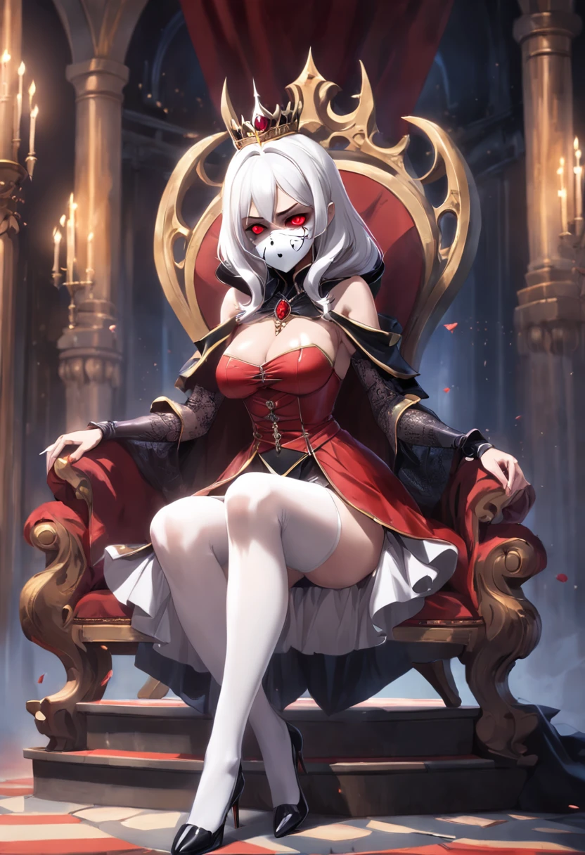 Evil Queen，White mask，white glowing eyes，White stockings，white long gloves，White mask，No shoes red，short  skirt，Full body like，conservativelydressed，No shoes，unholy，Sit Pose，sitting on an royal throne，big breasts beautiful，whaite hair，short detailed hair