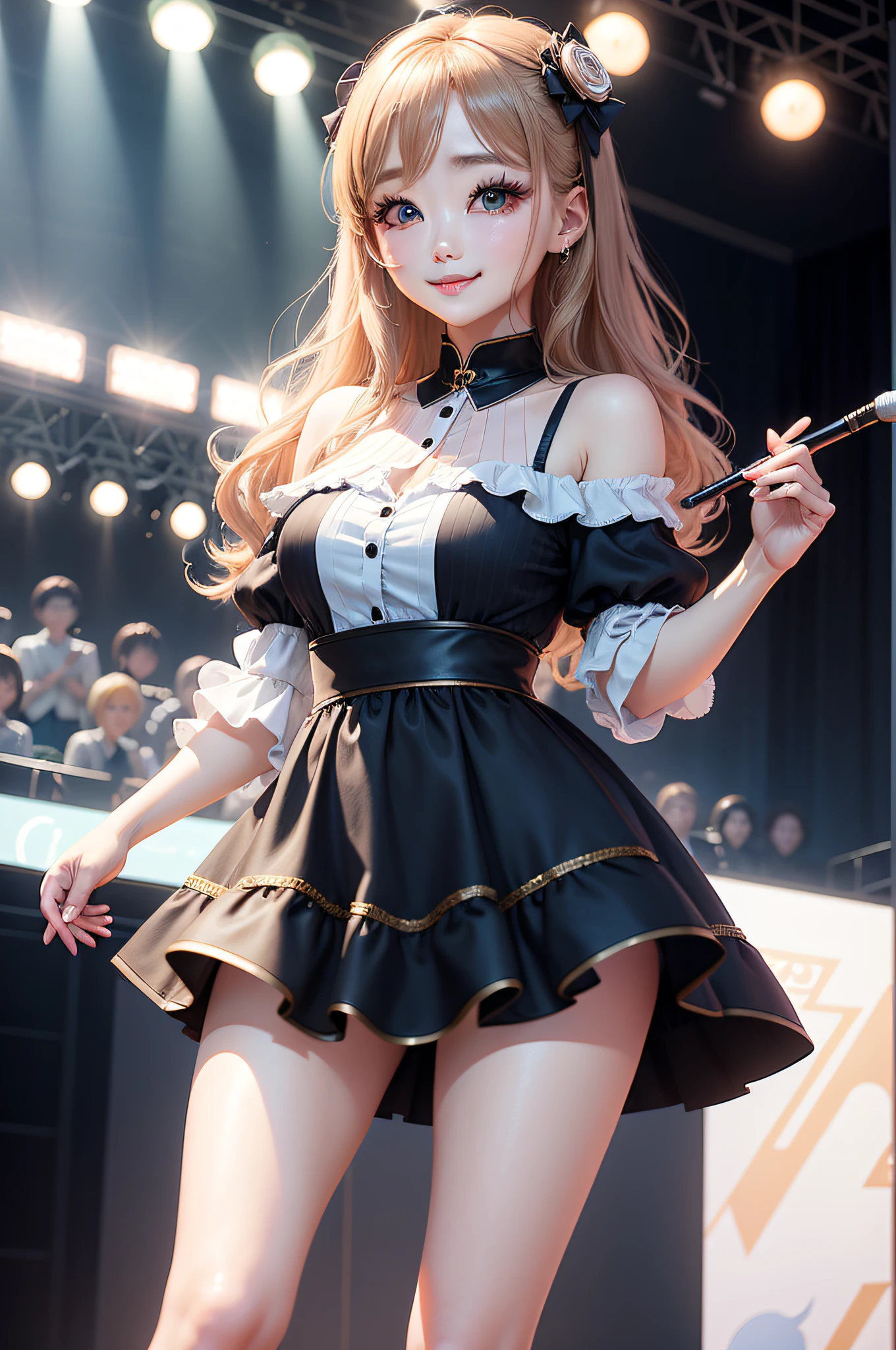 KPOP Idol、infp young woman、Standing on a stage、Cute costumes of idols、Sophisticated illustrations、Big eyes、Transparent eyes、Beautiful makeup、long eyeslashes、A smile、Smile、、Solo Photography、beatiful detailed eyes、vertical stripes　imagem 4k　超A high resolution、Overall photo