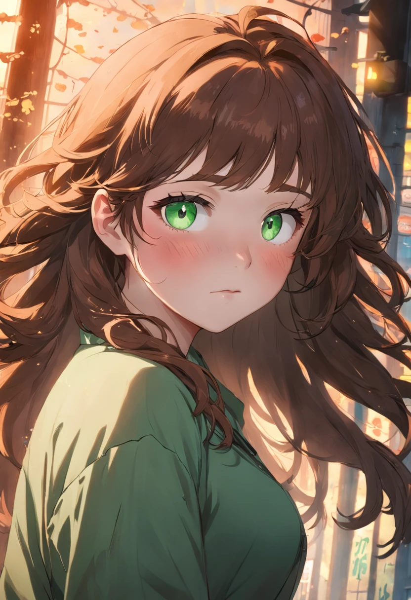 24-year-old plus size woman, wavy brown hair, green eyes, slight freckles on her face