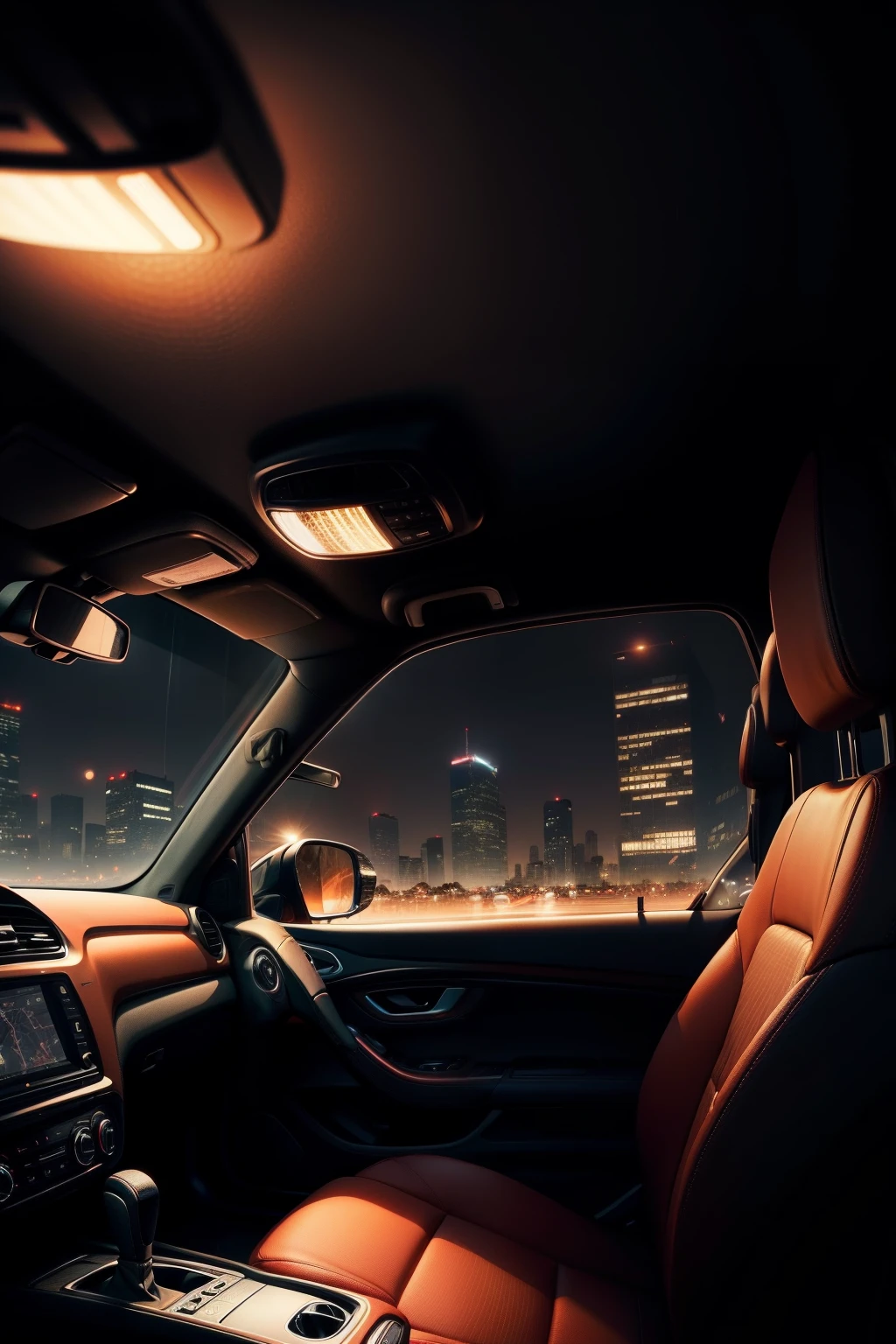 Inside the car，city night scene，a warm color palette，Brilliantly lit