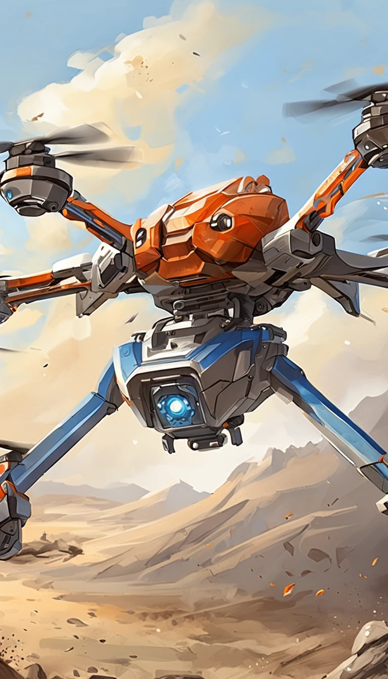 Quadcopter UAV,in mecha style,illustration,Thrilling battles,Flight stability,Unique perspective,Dynamic graphics,Full of technology,Amazing。