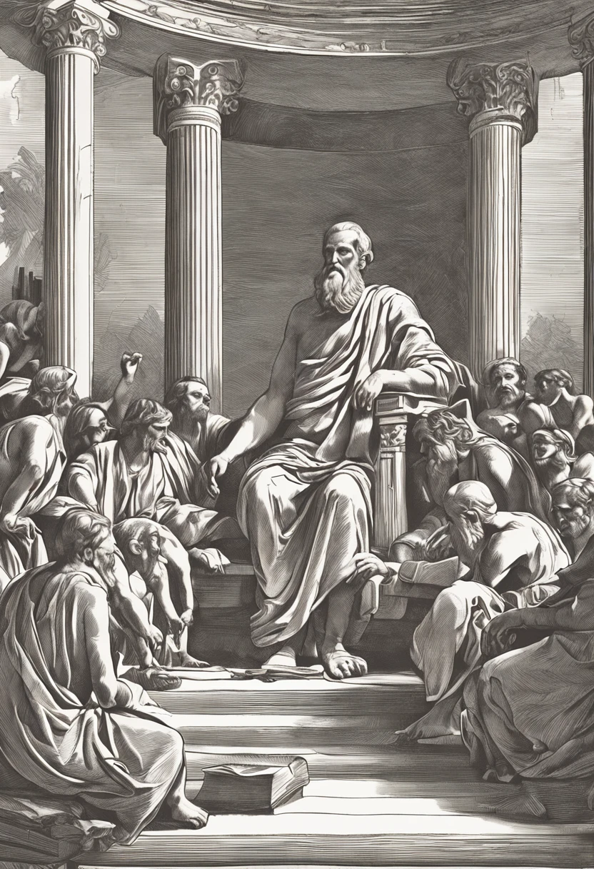 Draw an epic picture of the philosopher Plato sitting down teaching his students