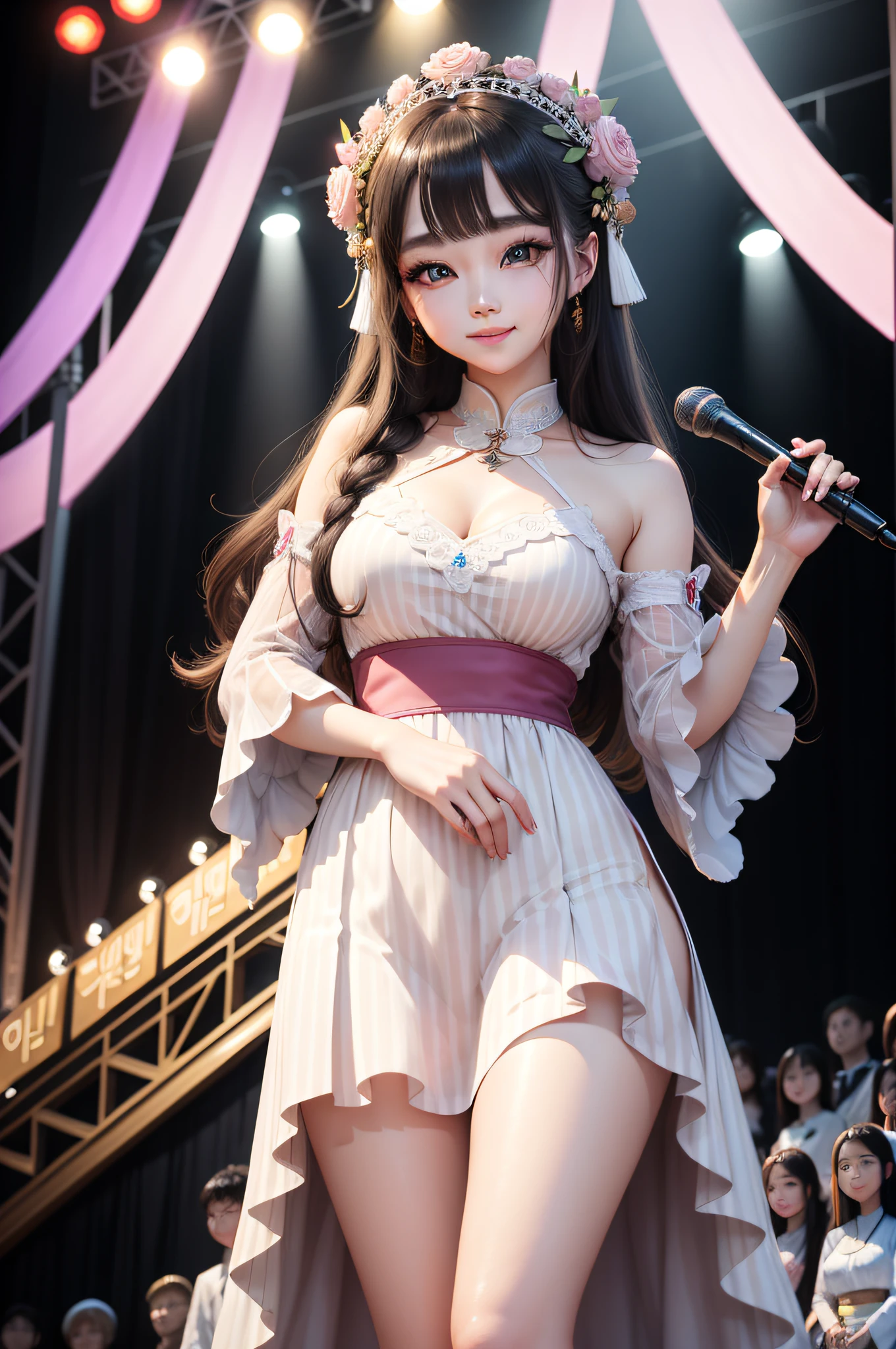 (Anime style:1.3), (Realistic, Photorealistic: 1.37), (masutepiece, Best Quality: 1.37), (Ultra High Resolution: 1.2), (Raw photo: 1.2), (Sharp Focus: 1.3), (Face Focus: 1.2), (Ultra detailed CG unified 8k wallpaper: 1.2), (Beautiful skin: 1.2), (pale skin: 1.3), (hyper-sharp focus: 1.5), (Ultra Sharp Focus: 1.5), ( Beautiful pretty face: 1.3), (The face of the Japan actress:1.3), (hyper detailed background, Detail Background: 1.3), masutepiece, Best Quality, hight resolution, ultra-detailliert, Hyper Sharp, absurderes, Detailed face, Photon mapping, White skin, Real Human Skin, (Detailed face), oval-face, pores, From below, low angles, looking down to viewer, 超A high resolution, (8K, Raw photo, Photorealistic:1.4), BREAK, 1girl in, slim, (largebreasts:1.37, cleavage), Illustration of a scene of an idol singer singing enthusiastically on a live stage.
Idol singer standing in the center of the stage.
Idol singer wears miniskirts and boots.
Idol singer puts on headset with hair up.
An idol singer is holding a microphone and singing.
The expression of the idol singer is serious and powerful.
The singer's voice is strong and beautiful.
Fans gathering around the stage.
Fans are singing and dancing with idol singers.
The venue is filled with enthusiasm.
This illustration is、Passionate live performances of idol singers. Fans are fascinated by the voice and performance of the idol singer. The venue was filled with enthusiasm..、The live performance of the idol singer was a great success.