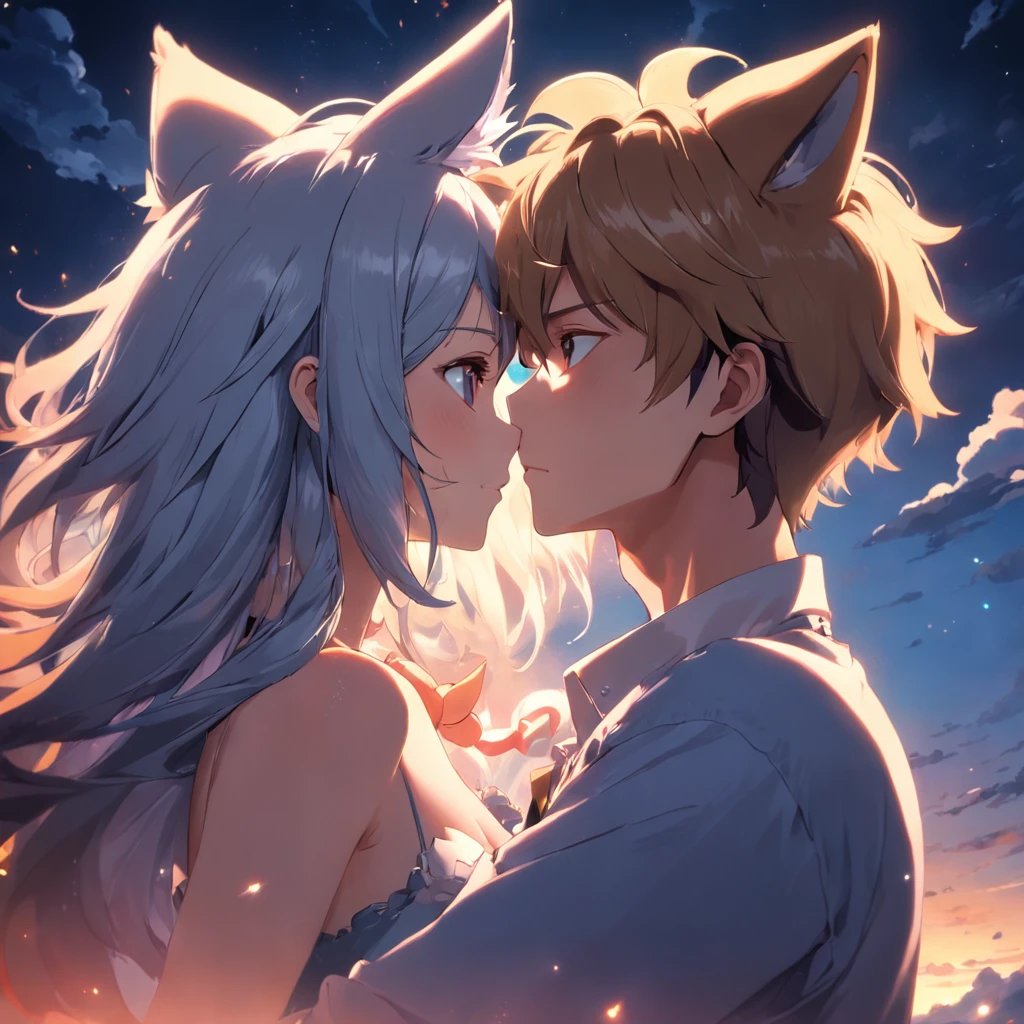 tmasterpiece、top-quality、cinematic Film still from、1boy、Libido boy、,Wolf ears,floating in sky、closeup cleavage、with light glowing、blissful、Warm and soft lighting、the setting sun、(Spark:0.7)