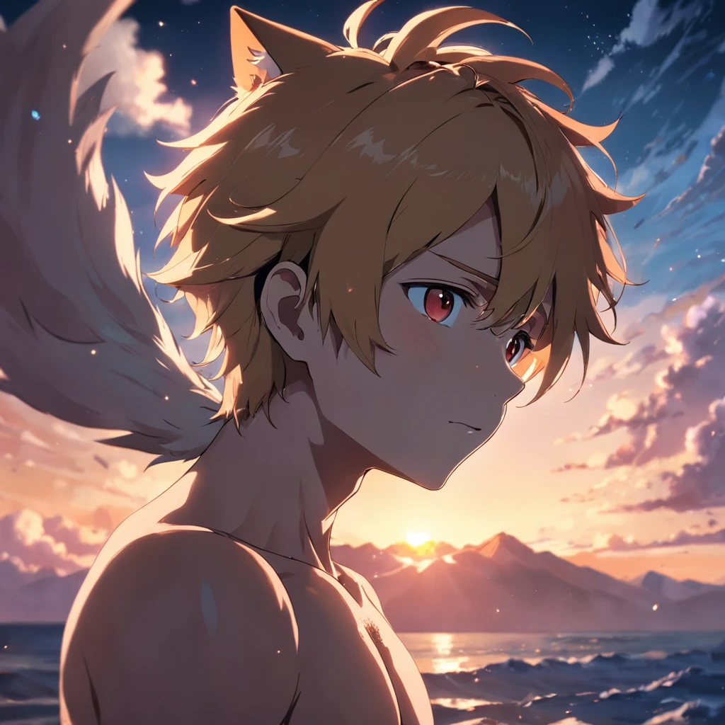 tmasterpiece、top-quality、cinematic Film still from、1boy、Libido boy、,Wolf ears,floating in sky、closeup cleavage、with light glowing、blissful、Warm and soft lighting、the setting sun、(Spark:0.7)