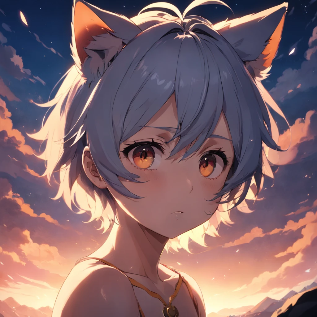 tmasterpiece、top-quality、cinematic Film still from、1boy、Libido boy、,Wolf ears,floating in sky、closeup cleavage、with light glowing、blissful、Warm and soft lighting、the setting sun、(Spark:0.7)