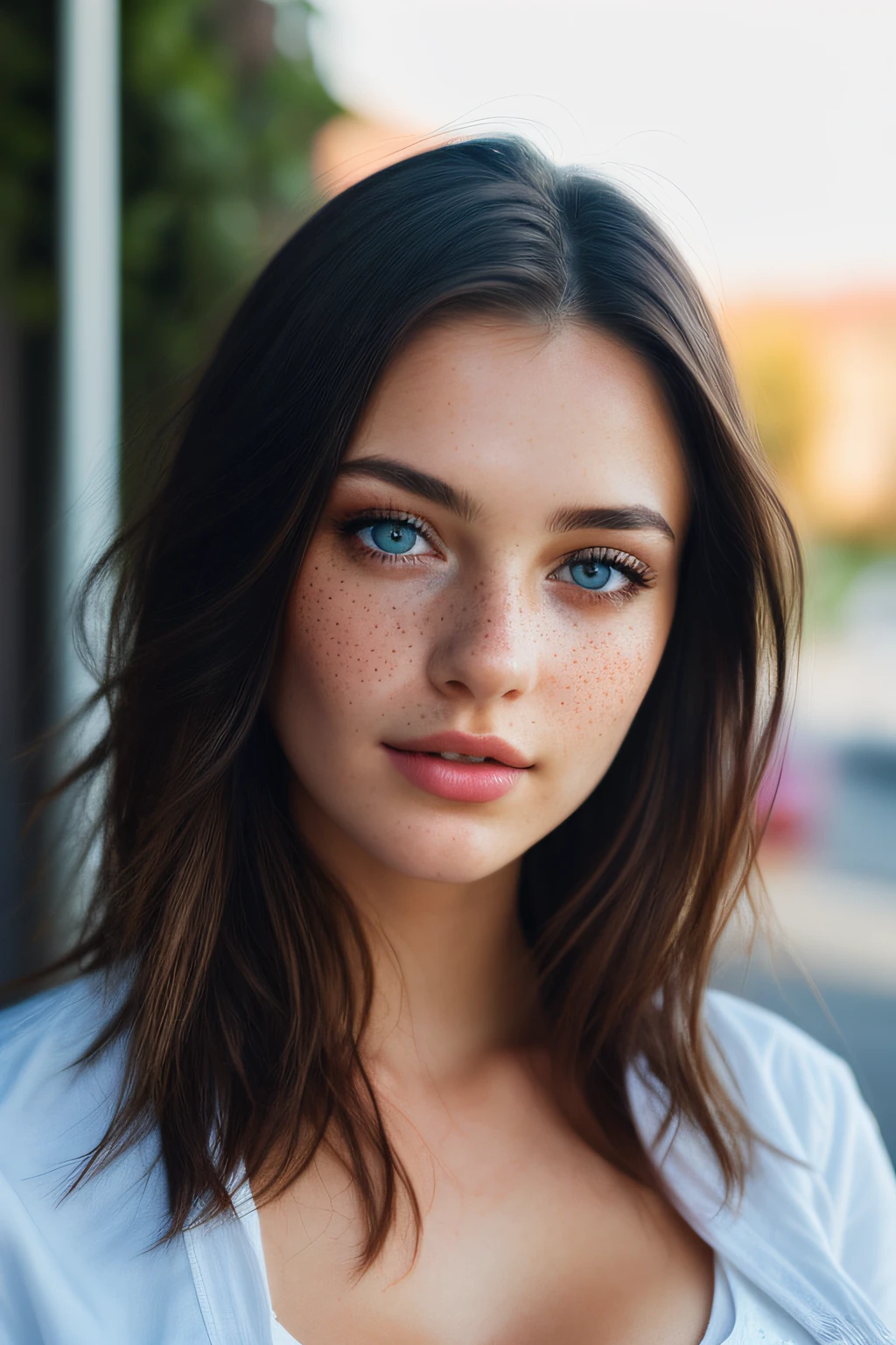 color photograph, close-up, ((a realistic photo of a beautiful girl)), (milalc), light, ((glowy skin)), looking_at_viewer, (fit body:1.0), ((large breasts)), long hair, detailed illustration, masterpiece, high quality, realistic, very detailed face, freckles, black hair, blue eyes, black shirt