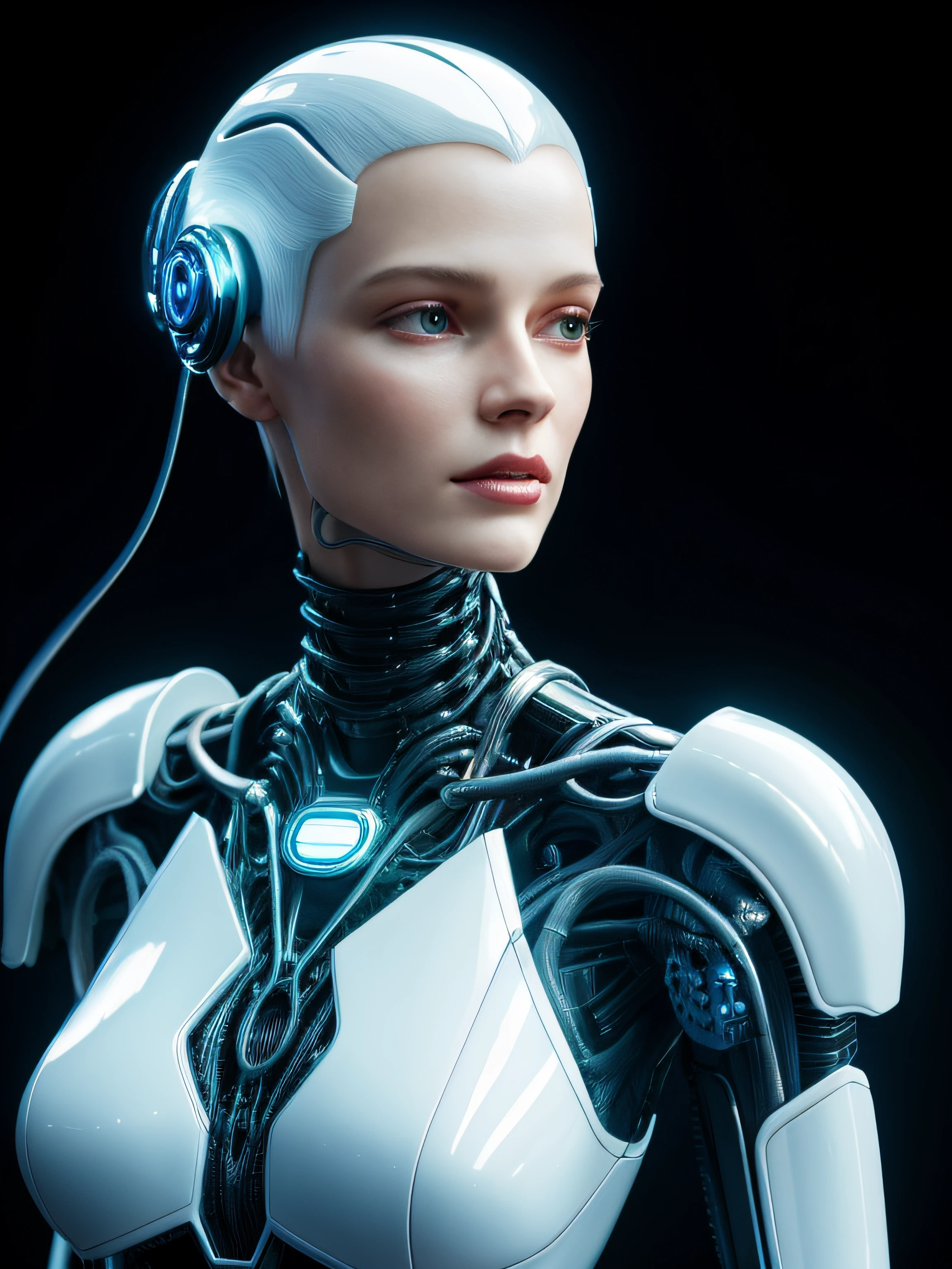 complex 3d render ultra detailed of a beautiful porcelain profile woman android upper body, closed mouth, cyborg, robotic parts, 150 mm, beautiful studio soft light, rim light, vibrant details, luxurious cyberpunk, lace, hyperrealistic, anatomical, facial muscles, cable electric wires, microchip, elegant, beautiful background, octane render, H. R. Giger style, 8k, best quality, masterpiece, illustration, an extremely delicate and beautiful, extremely detailed ,CG ,unity ,wallpaper, (realistic, photo-realistic:1.37),Amazing, finely detail, masterpiece,best quality,official art, extremely detailed CG unity 8k wallpaper, absurdres, incredibly absurdres, robot, silver halmet, full body,