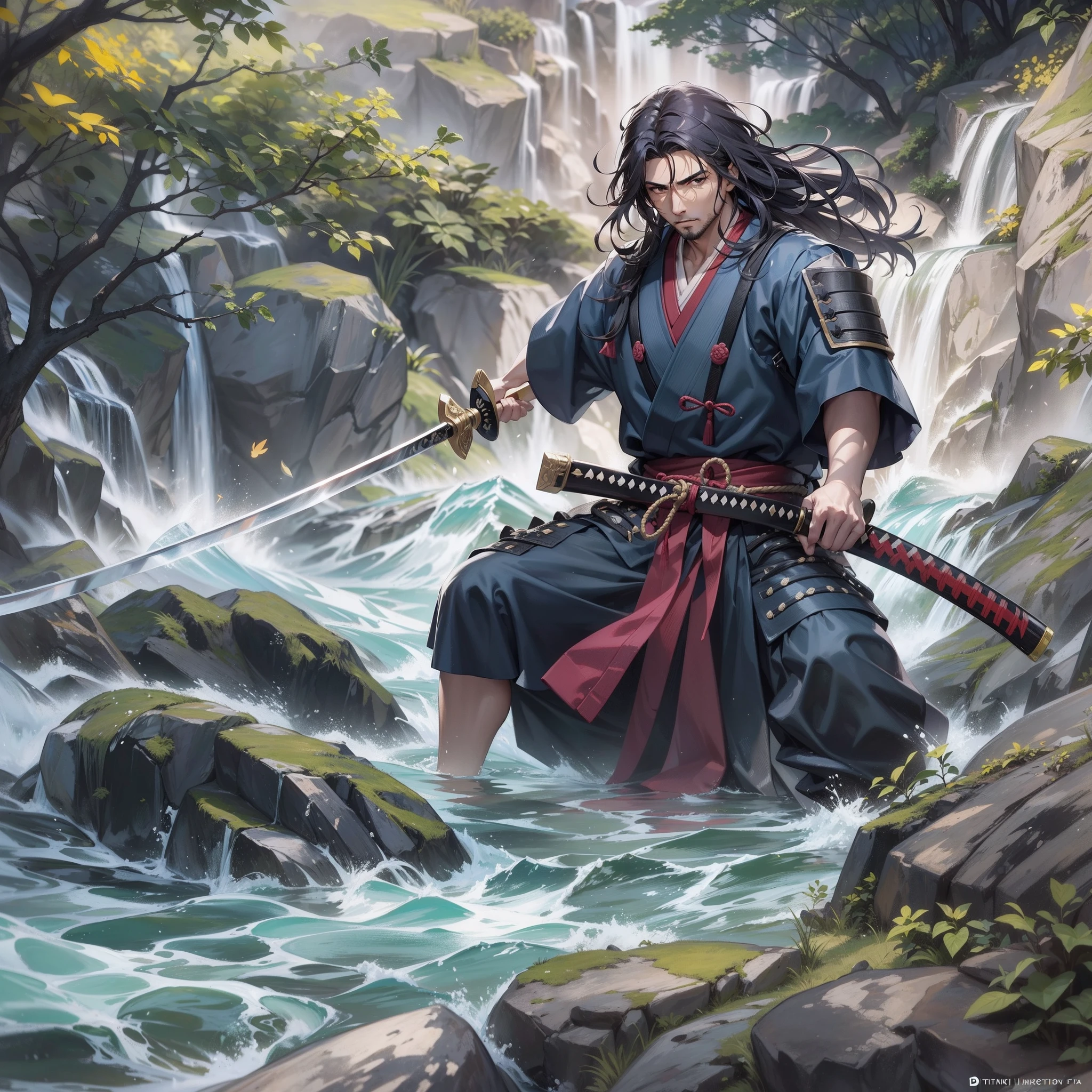 Primer plano de un samurai cortando el agua con su katana,pelo largo y negro con una cicatriz en la frente de un corte,hombre adulto guapo,barba corta,exprecion de pas y tranquilidade fluyendo como el agua,maestro con la espada,samurai con kimono negro,espada super filosa y brillante,debajo de una cascada de agua,cascada con rocas y un rio,estilo anime,arte grafico,alta calidad,alta definicion,obra maestra,calidad profecional de dibujo,muchos detalles,colores definidos,lineas gruesas,