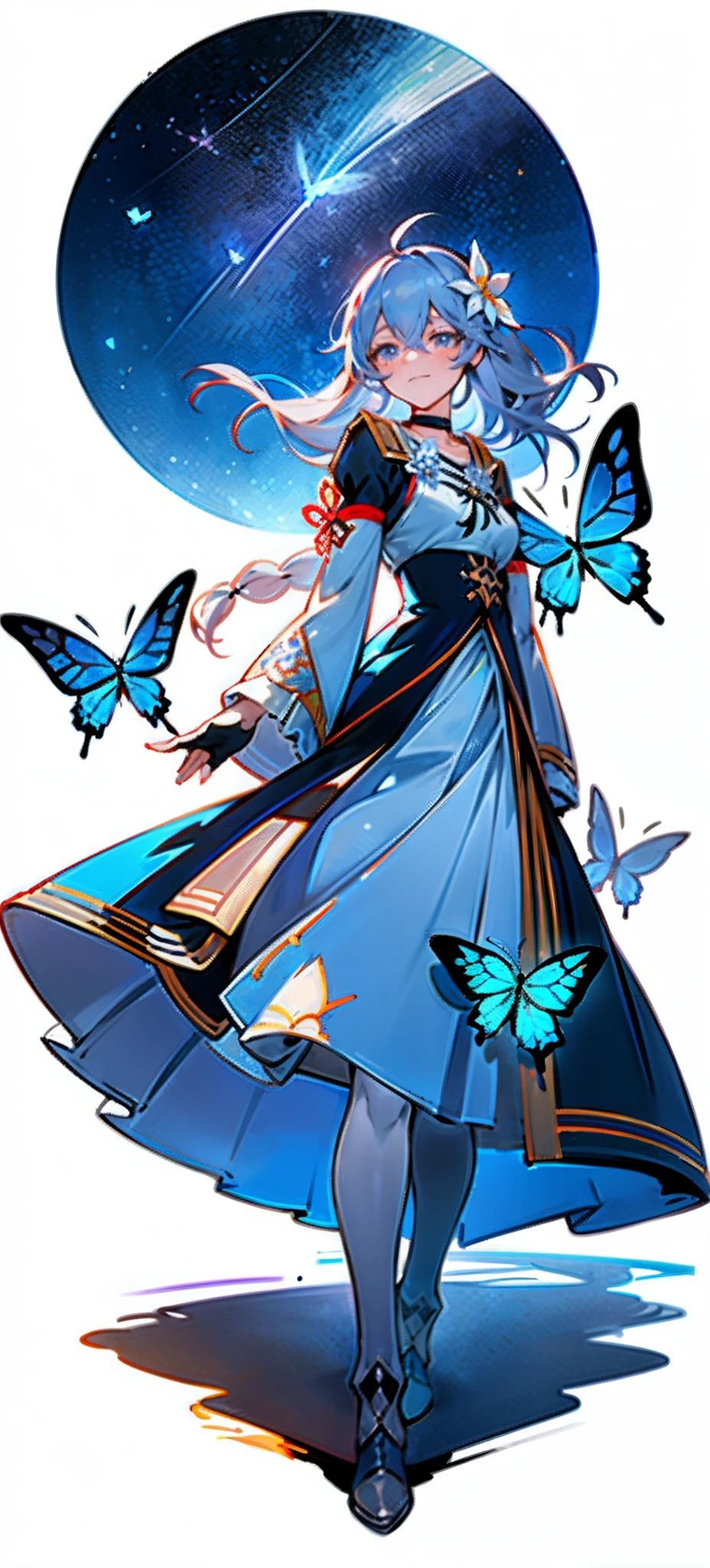 21charturnerv2,charturnbetalora,shinkai makoto,kimi no na wa.,(Overhead view),dynamic angle,ultra-detailed, illustration, close-up, straight on, 1girl, (fantasy:1.4), (azure blue eyes: 1.233), her eyes sparkle like dreamy stars, (glowing eyes: 1.233), (beautiful and detailed eyes: 1.1), (silver hair: 1.14), (messy hair, very long hair, French braids, hair between the eyes, side hair), (+ (blue fur: 1.14), (chiffon dress, blue flower pattern uniform) /= (military uniform: 1.24), (sleeves removed, wide sleeves), (fingerless gloves), choker, ( miko thighhighs), high-heeled boots, (expressionless, mouth closed), (standing), (classical princess boudoir, dresser and floor-to-ceiling windows, white ancient palace), (white flowers, bloom), (deep sea), (flowing water), (dark blue world tree: 1.14), (ruins), (night: 1.2), dreamy, soul, (fluorescent), (flying translucent blue butterfly: 1.15), [ [Delicate fingers and hands: 0.55]::0.85], (finger details), (yubao:0.5), white background, full body, blue theme, gold background,
