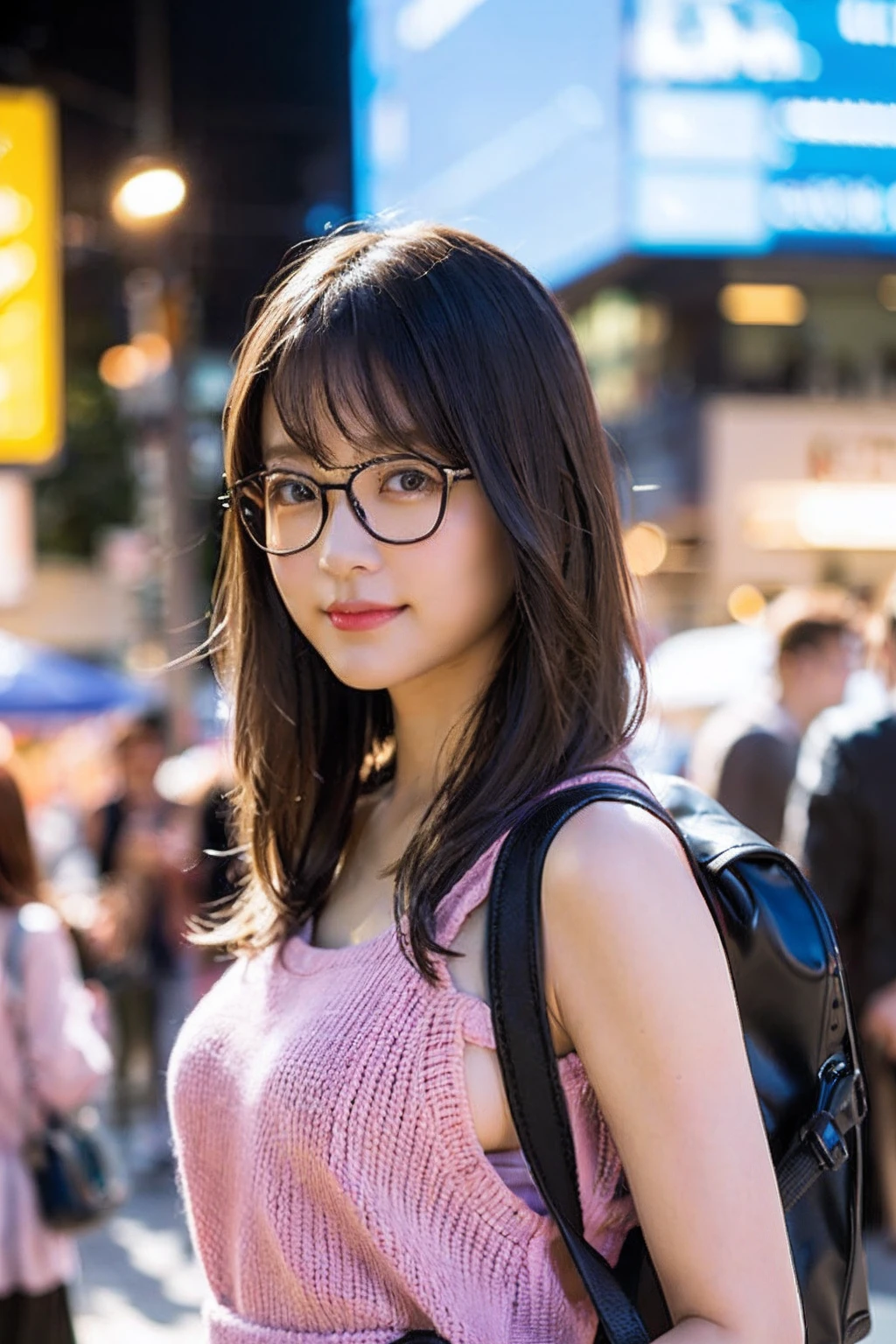 (8K、Raw photography、top-quality、masterpiece:1.2)、(realisitic、Photorealsitic:1.37)、ultra-detailliert、超A high resolution、女の子1人、see the beholder、beautifull detailed face、Smile、Constriction、(Slim waist) :1.3)、((pastel clothing))、Beautiful detailed skin、Skin Texture、Floating hair、((The long-haired))、large breasts with good shape、Professional Lighting、In front of the station at noon、((Black square glasses))、Whole human body、Black hair、((Have a small rucksack))、