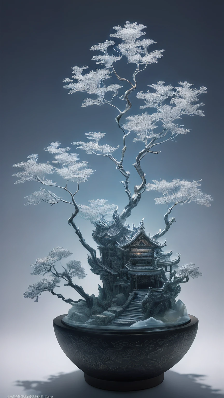 best quality, realistic, photorealistic, ultra detailed,
Miniature landscape,Chinese architecture,神树,透光
highly detailed carving on "southern ice" porcelain,
Ultra wide angle,Accent Lighting,Volumetric Lighting,backlighting, (detailed light),((an extremely delicate and beautiful)),dramatic_shadow,ray_tracing,hdr
