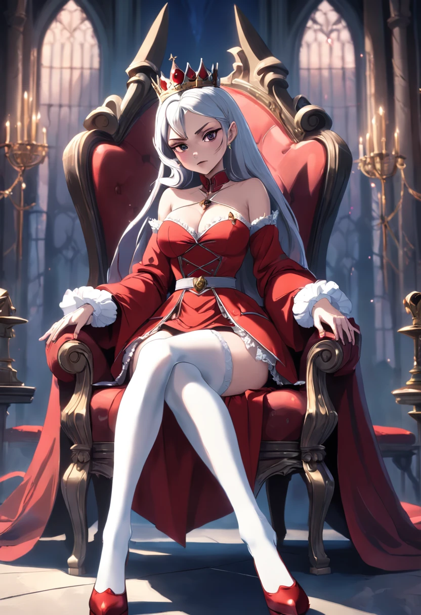 Evil Queen,White stockings,white long gloves,No shoes,Redcoat,short skirt,Full body like,conservativelydressed,No shoes,unholy,Sit Pose,sitting on an royal throne,big breasts beautiful,whaite hair,short detailed hair