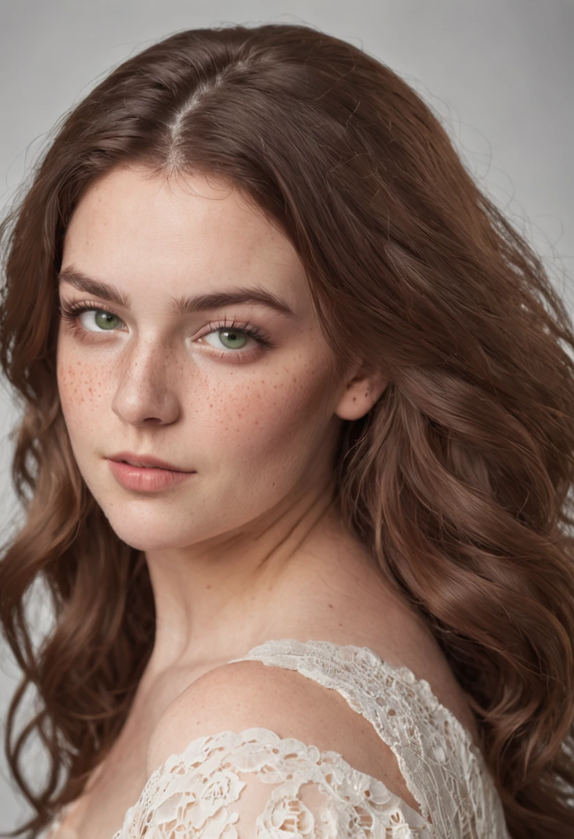 24-year-old plus size woman, wavy brown hair, green eyes, slight freckles on her face