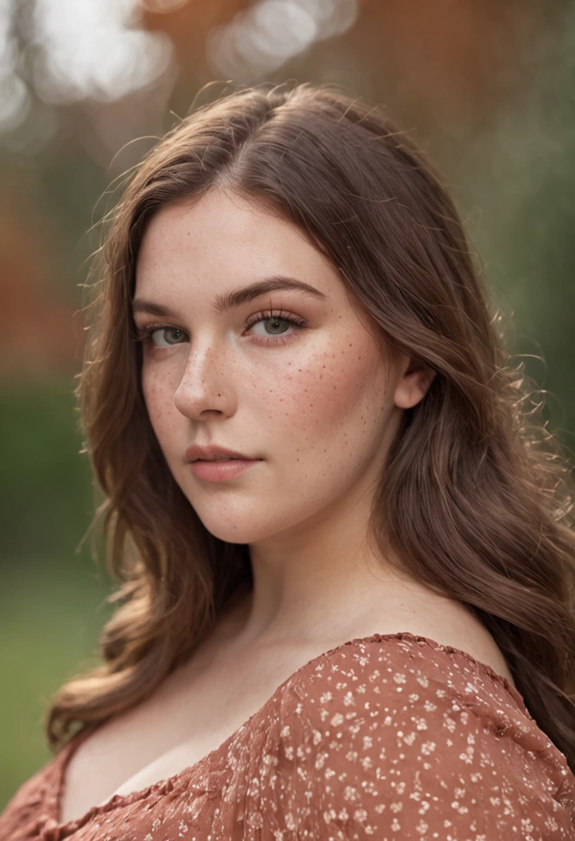 24-year-old plus size woman, wavy brown hair, green eyes, slight freckles on her face