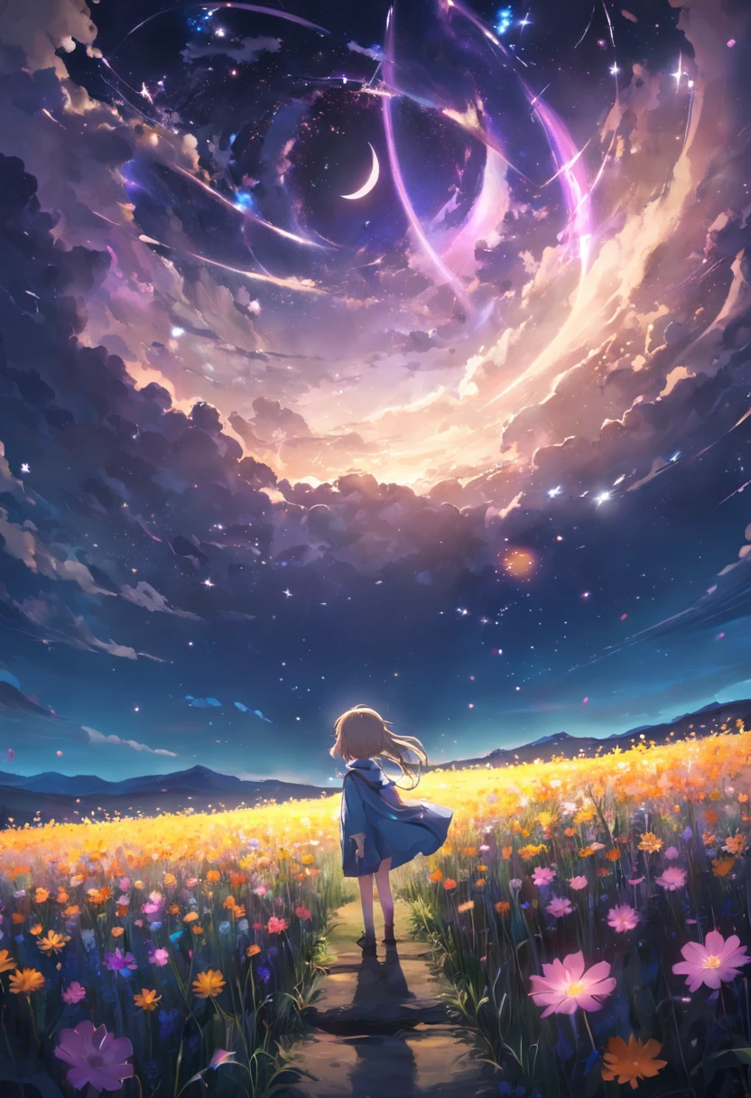 Expansive landscape photograph,(look from down,Above is the sky,Below are open fields),A stood on a flower field and looked up,(moon full:1.2),(meteors:0.9),(Starcloud:1.3),Far Mountain, Tree BREAK making art,(Warm light source:1.2),(glowworm:1.2),lamp lights,Lots of purple and orange,Complicated details,Volumetric lighting BREAK(tmasterpiece:1.2),(best qualtiy),4K,ultra - detailed,(dynamic compositions:1.4),detail-rich,plethora of colors,(Irridescent color:1.2),(with light glowing,Atmospheric lighting),dream magical,magical,(独奏:1.