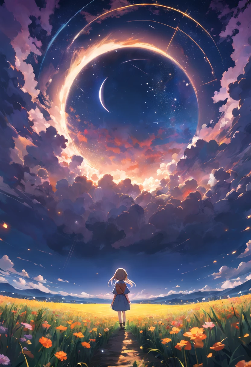 Expansive landscape photograph,(look from down,Above is the sky,Below are open fields),A stood on a flower field and looked up,(moon full:1.2),(meteors:0.9),(Starcloud:1.3),Far Mountain, Tree BREAK making art,(Warm light source:1.2),(glowworm:1.2),lamp lights,Lots of purple and orange,Complicated details,Volumetric lighting BREAK(tmasterpiece:1.2),(best qualtiy),4K,ultra - detailed,(dynamic compositions:1.4),detail-rich,plethora of colors,(Irridescent color:1.2),(with light glowing,Atmospheric lighting),dream magical,magical,(独奏:1.