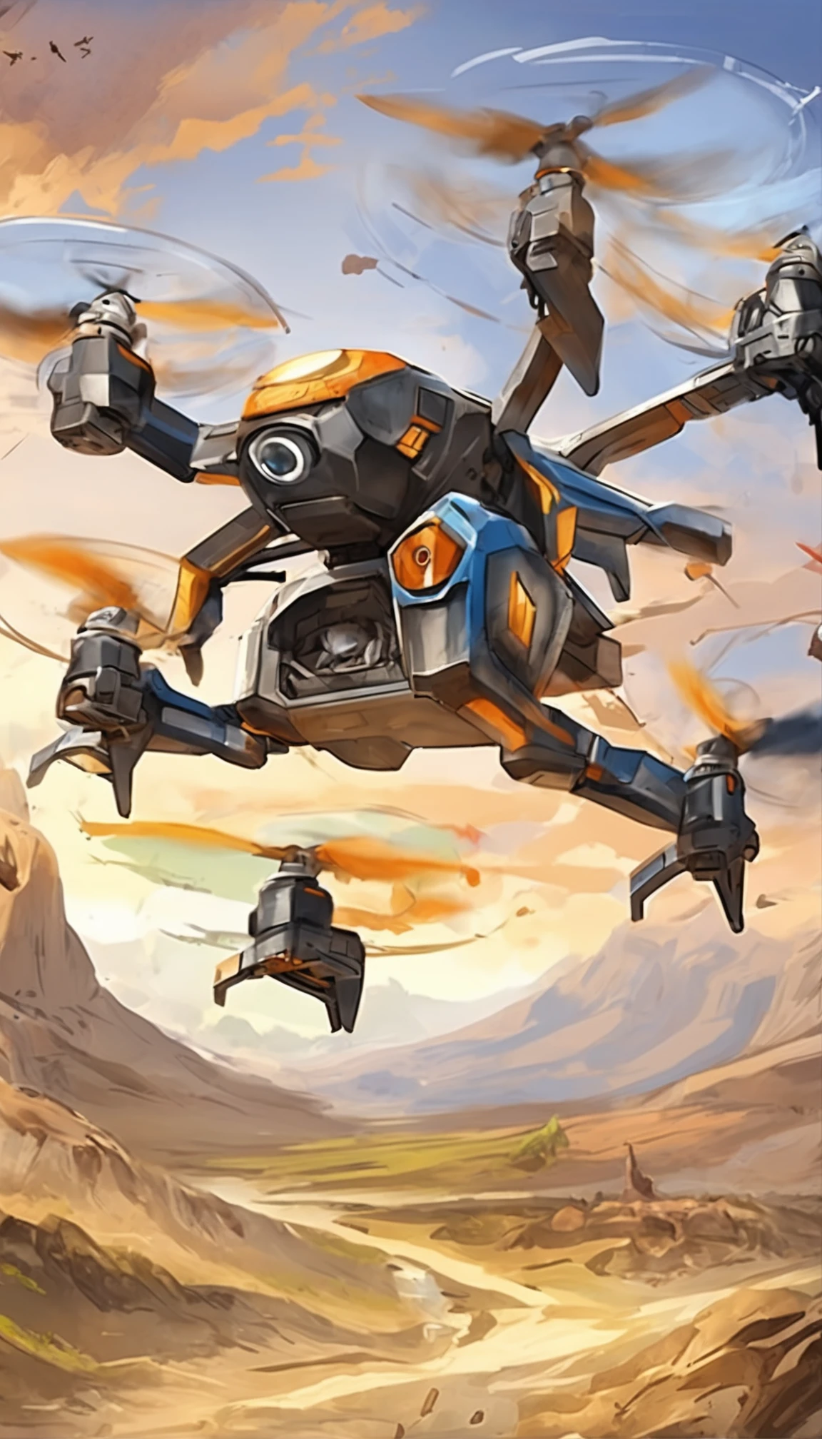 Quadcopter UAV,in mecha style,illustration,Thrilling battles,Flight stability,Unique perspective,Dynamic graphics,Full of technology,Amazing。