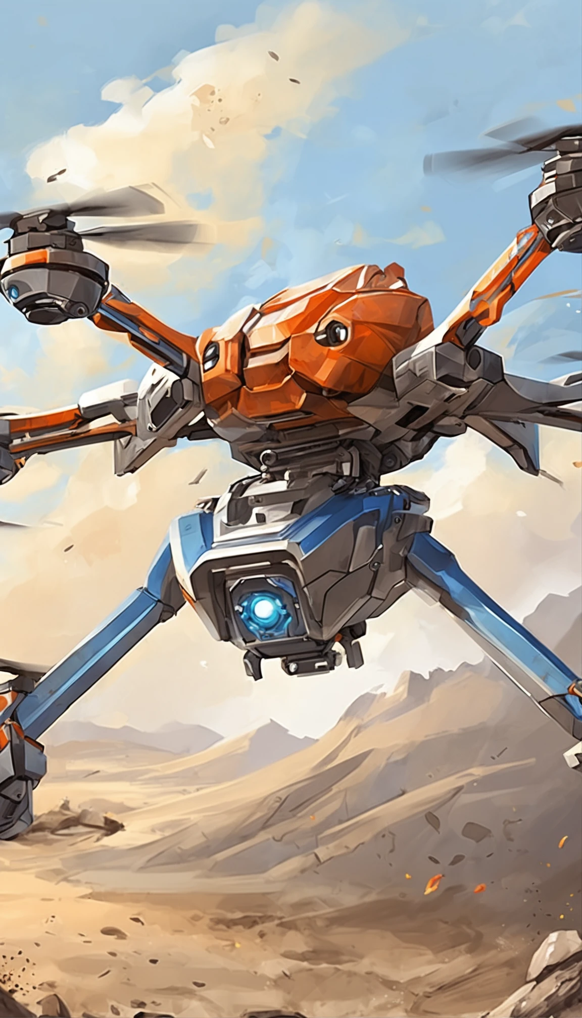 Quadcopter UAV，in mecha style，illustration，Thrilling battles，Flight stability，Unique perspective，Dynamic graphics，Full of technology，Amazing。