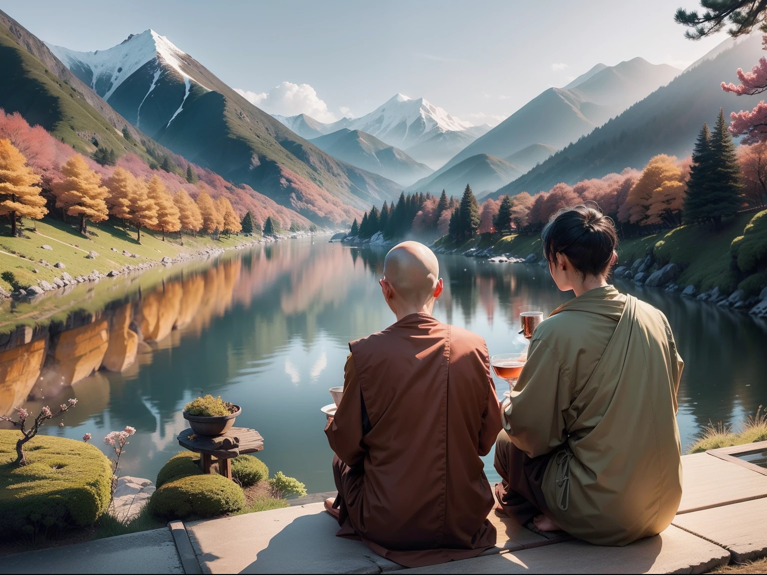 two monks drinking tea in a mountainous area of japan on the edge of a lake