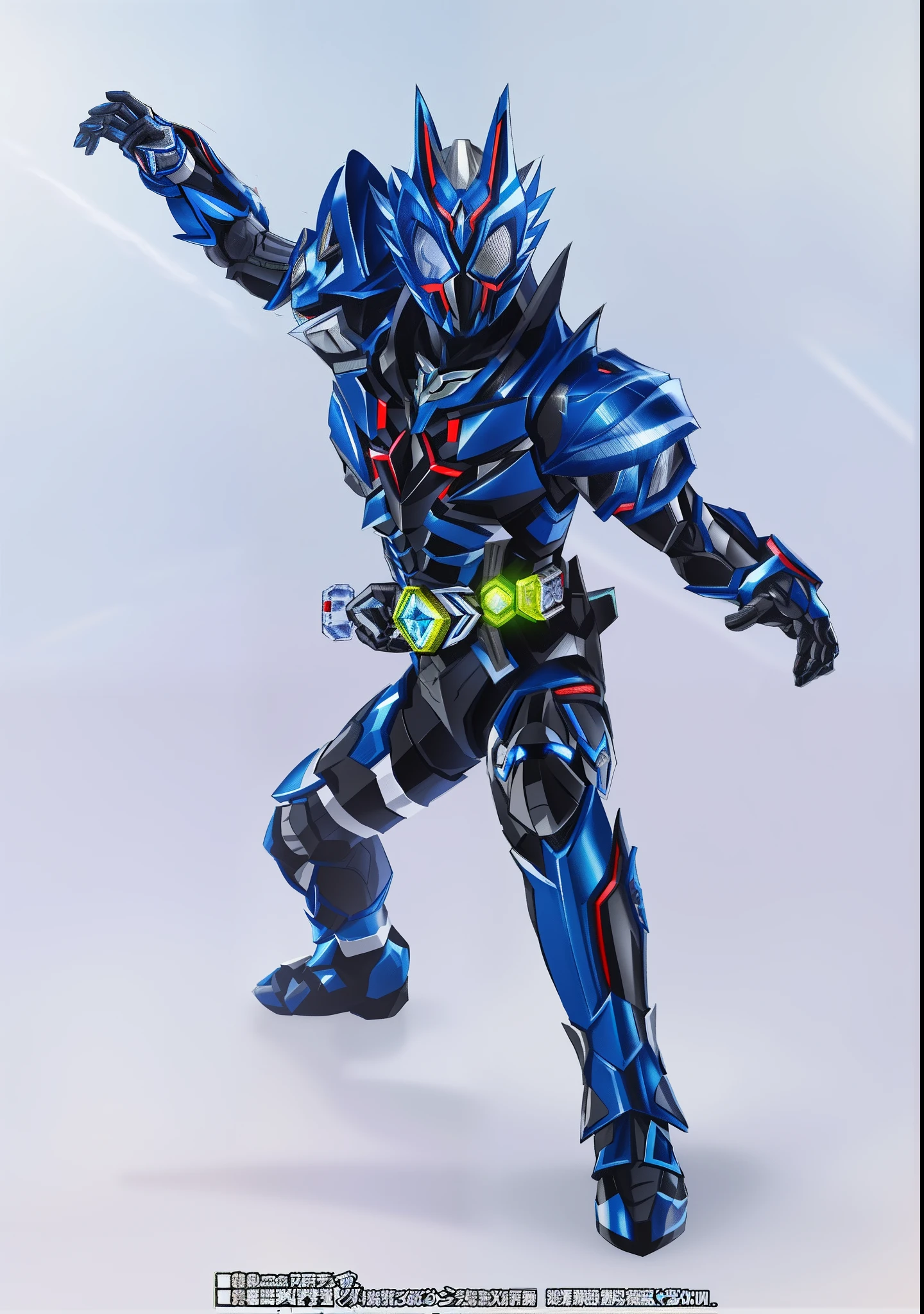 Close-up of people, kamen rider action pose, high fantasy kamen rider, kamen rider character, Kamen Rider, cyber japan style armor, kamen rider ghost, cyber japan armor, fourze, shirow masamune, ultra hyper-detailed, battle action pose, Official product photo, Blue Indian Thunderbolt, detailled image