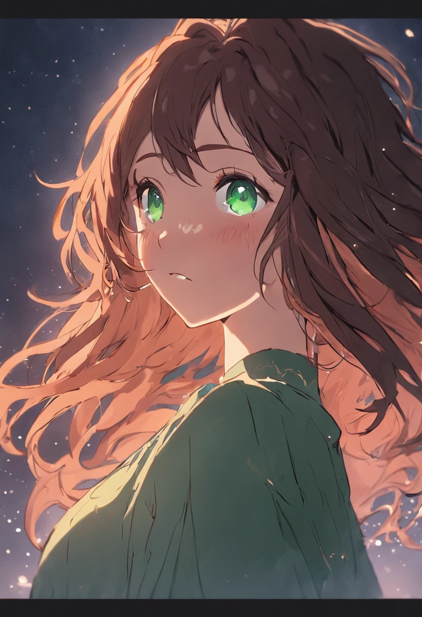 24-year-old plus size woman, wavy brown hair, green eyes, slight freckles on her face