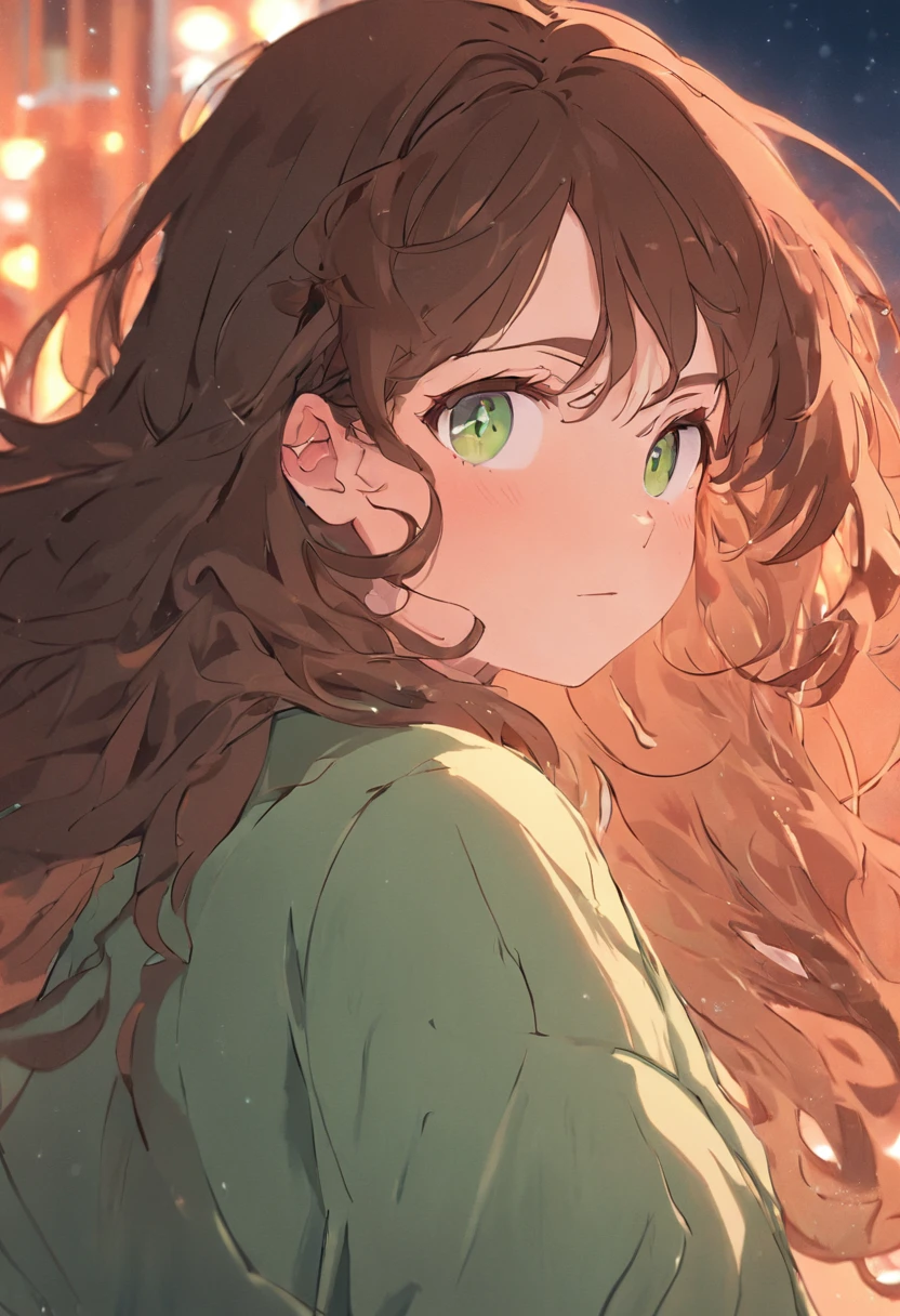 24-year-old plus size woman, wavy brown hair, green eyes, slight freckles on her face