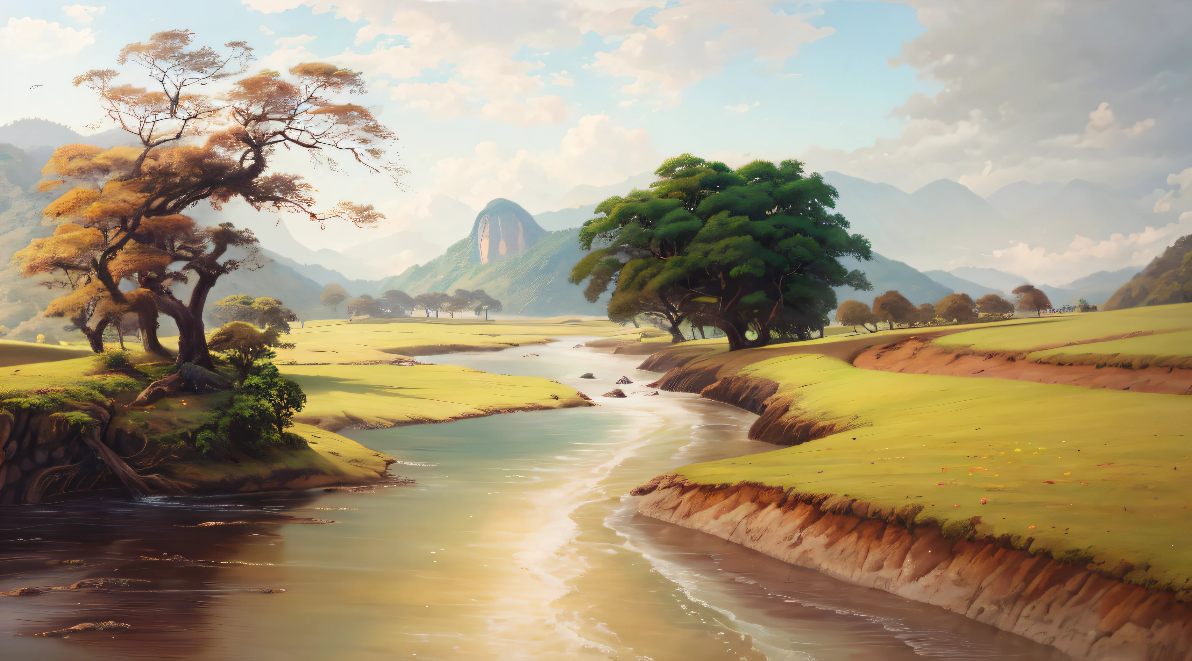 pintura de um rio que atravessa um vale verde exuberante com montanhas ao fundo, colinas fluidas, 8k resolution digital painting, 8k resolution digital painting, Pintura digital 4K, Pintura digital 4k, pintura digital detalhada, baixo detalhamento. pintura digital, Pintura Digital de Alto Detalhe, peaceful landscape, rio, trees and hills, pintura detalhada 4K, pintura digital 4k