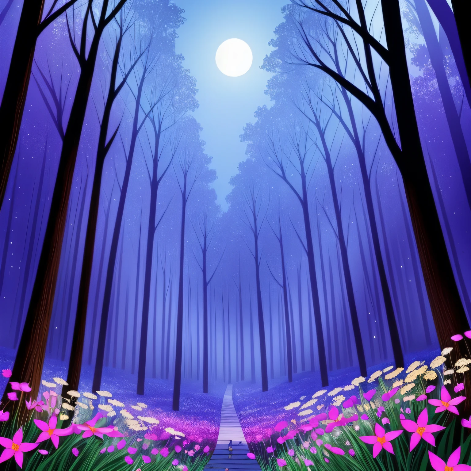 magical forest A dark forest with a few flowers Picture book style illustration
