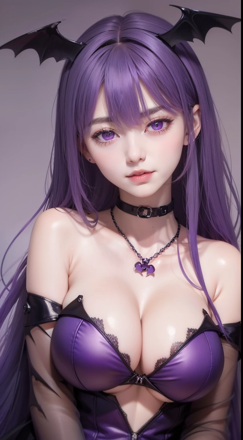masterpiece, 2d, hd, 1girl, mythia, purple long hair, bat ears, bat necklace, bat collar, purple eye, wear purple shirt, naked, big breasts,upper body, smile,nude,nsfw