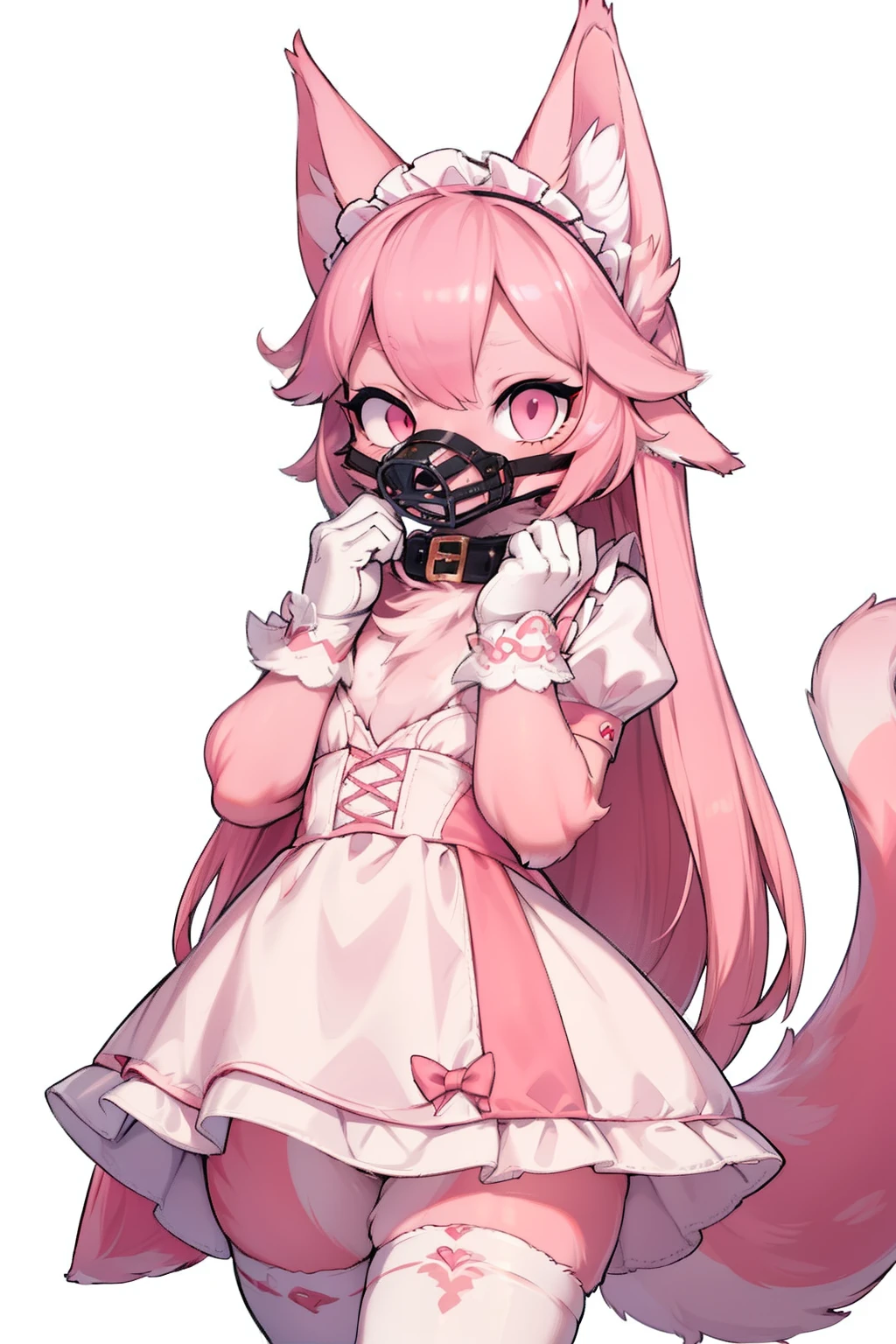 Master piece, perfect, highly detailed, (little hibryd anthro cat femboy), fluffy pink fur, ((pink eyes)), ((1))fluffy cat tail, pink long hair, tiny chest, (pink cat ears), wearing a pink collar, pink maid dress, silk white gloves, silk white thighhigh socks, wearing a pink muzzle, truemuzzle, eyesgod, niji, eyesgod, niji,