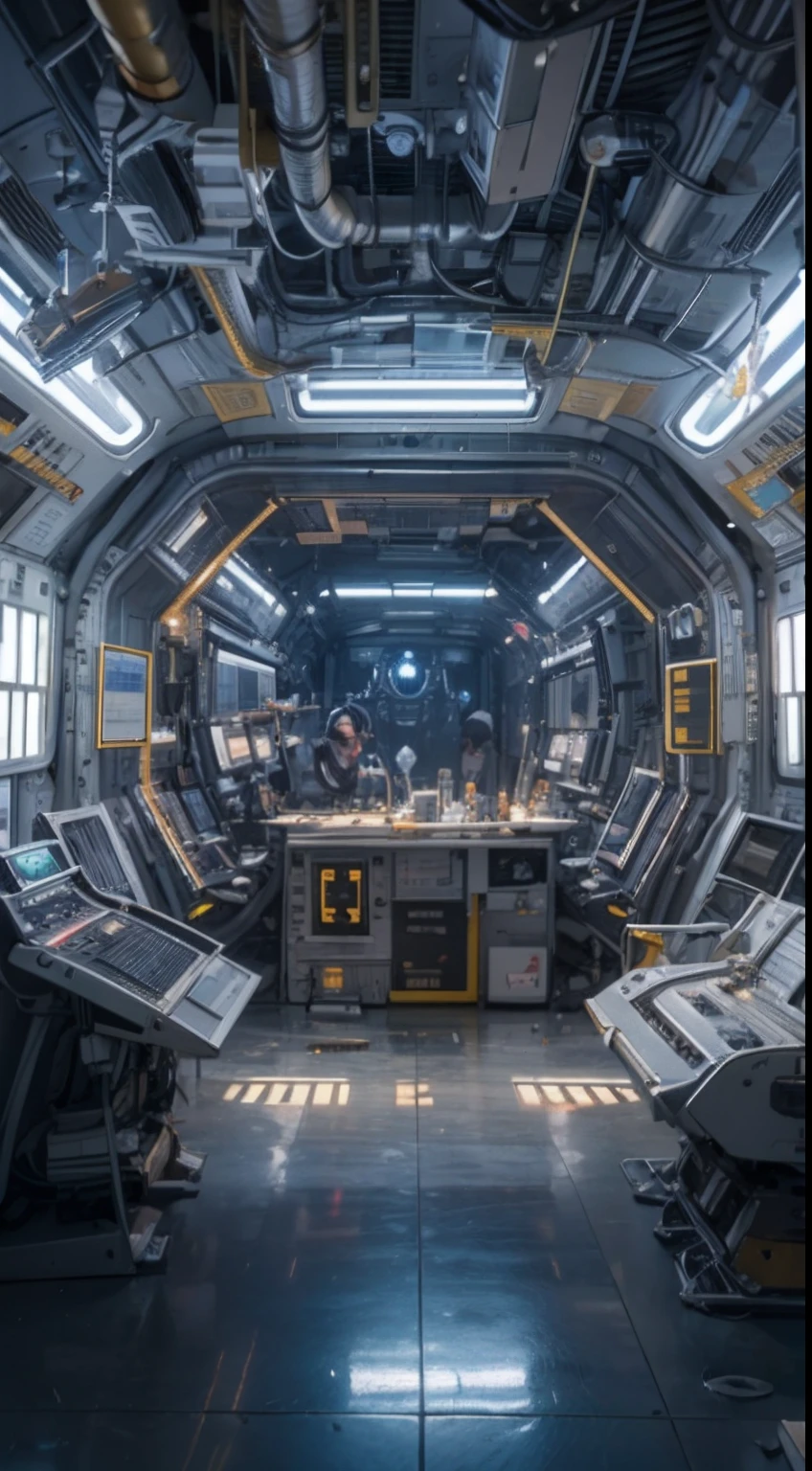 The interior of the large glass cockpit of the space station is in the center,empty of people,Top quality, Masterpiece, 超高分辨率, ((Photorealistic: 1.4), RAW photo, ,(hyper realistic detailed)), Tubes attached to mechanical parts,Luminous small light, globalillumination, Deep shadows, Octane rendering, 8K, ultrasharp, metal, Intricate Ornament Details, baroque detailed, very complex details, Realistic light, CGSoation trend, neon light detail, (Android manufacturing plant in the background),