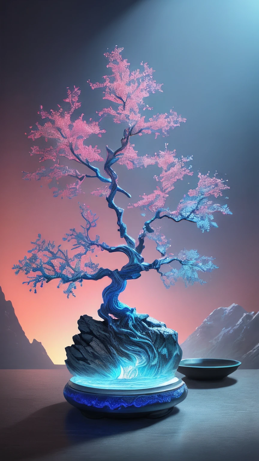 best quality, realistic, photorealistic, ultra detailed, Rich colors，blue colors，in pink，red colour，cyan colors，golden colored，argent
Miniature landscape，Chinese architecture，Divine Tree，透光
highly detailed carving on "southern ice" porcelain,
Ultra wide angle,Accent Lighting,Volumetric Lighting,backlighting, (detailed light),((an extremely delicate and beautiful)),dramatic_shadow,ray_tracing,hdr