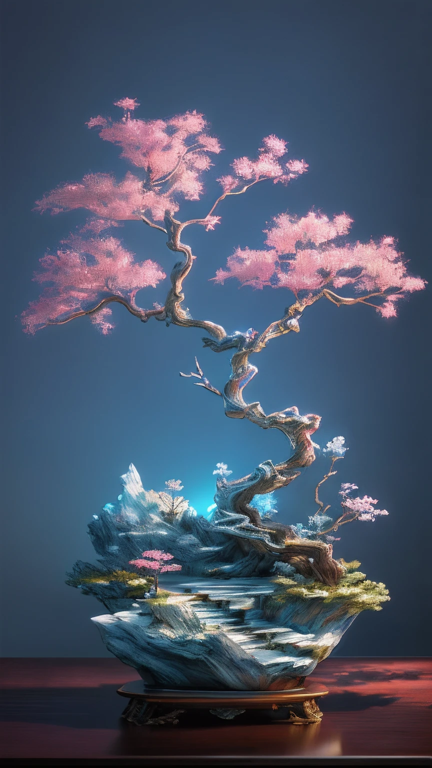 best quality, realistic, photorealistic, ultra detailed, Rich colors，blue colors，in pink，red colour，cyan colors，golden colored，argent Miniature landscape，Chinese architecture，Divine Tree，透光 highly detailed carving on "southern ice" porcelain, Ultra wide angle,Accent Lighting,Volumetric Lighting,backlighting, (detailed light),((an extremely delicate and beautiful)),dramatic_shadow,ray_tracing,hdr