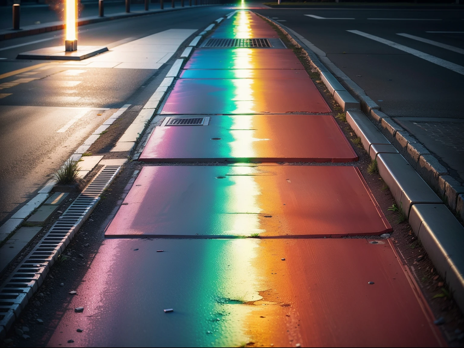 Rainbow plasma, cast aluminium, sidewalk, 8k