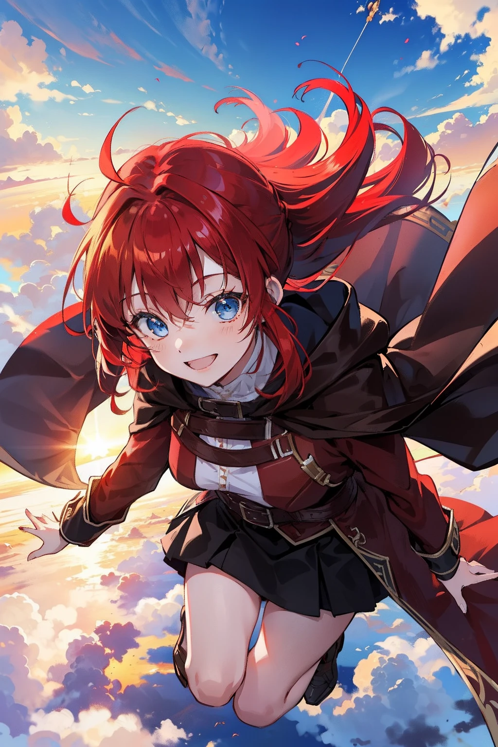 masterpiece, best quality, 1girl, (red hair), ((up pony tail)), long hair, blue eyes, smiling, happy, in the sky, light sky, flying, flying in the sky, ((flying in the air)), ((wearing a brown cloak)), (black skirt), clouds, the sun