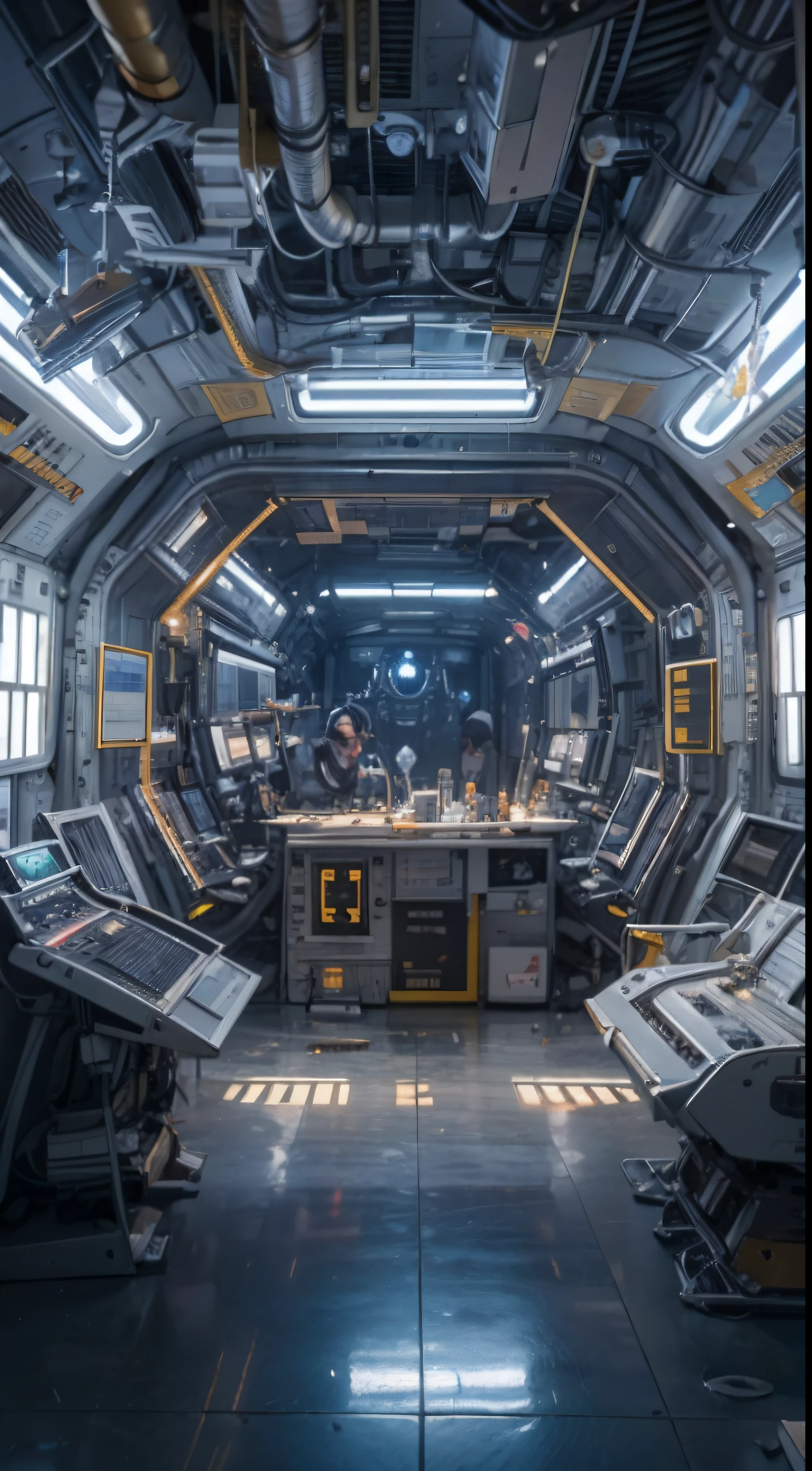 The interior of the large glass cockpit of the space station is in the center，empty of people，Top quality, Masterpiece, 超高分辨率, ((Photorealistic: 1.4), RAW photo, ,(hyper realistic detailed)), Tubes attached to mechanical parts,Luminous small light, globalillumination, Deep shadows, Octane rendering, 8K, ultrasharp, metal, Intricate Ornament Details, baroque detailed, very complex details, Realistic light, CGSoation trend, neon light detail, (Android manufacturing plant in the background),