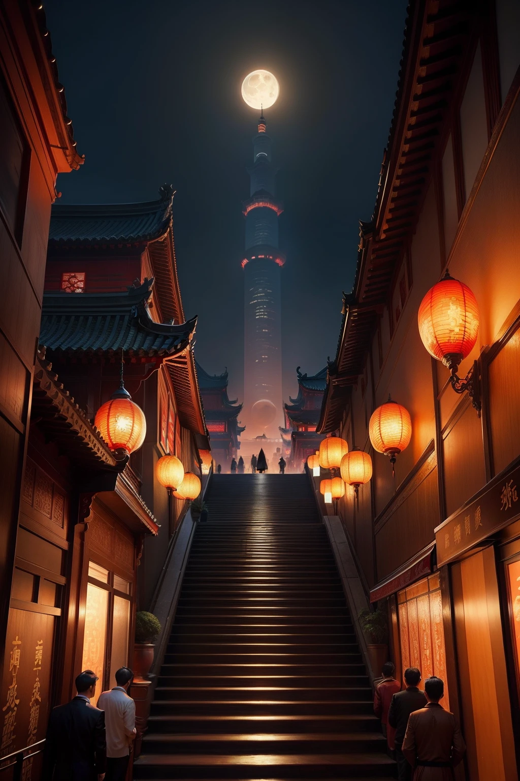 Chinese Ancient Times,Illuminated city towers,Crowds coming and going downstairs,Upstairs stood the escort,Look up at the perspective,during night,Full moon